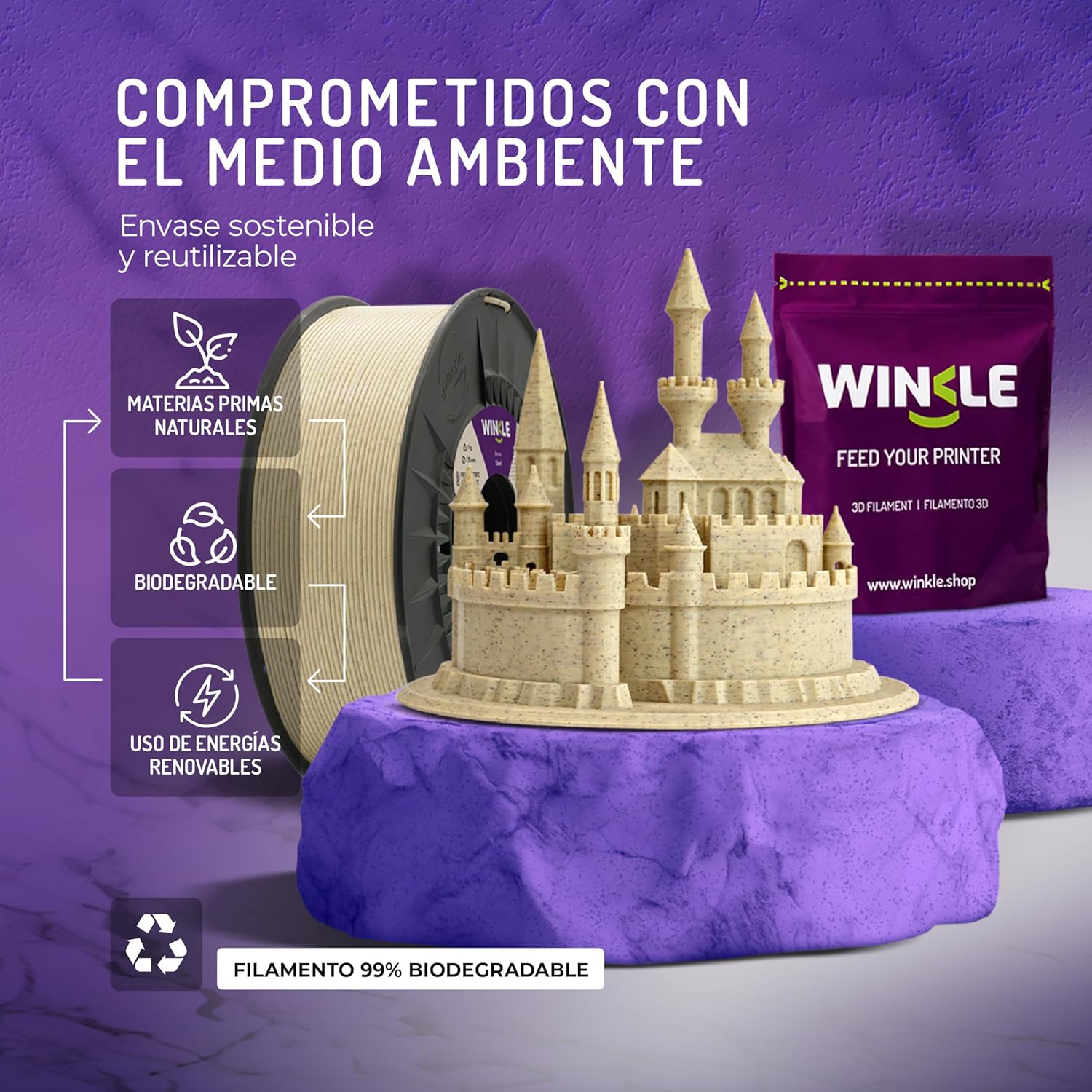 Winkle 3D Printer PLA HD Filament | 1.75mm Shiny Filament 3D Printing Material for Precision Prints | 300g Coil | Eco-Friendly Biodegradable Plastic Spool (Shiny Purple) (Desert Sand)