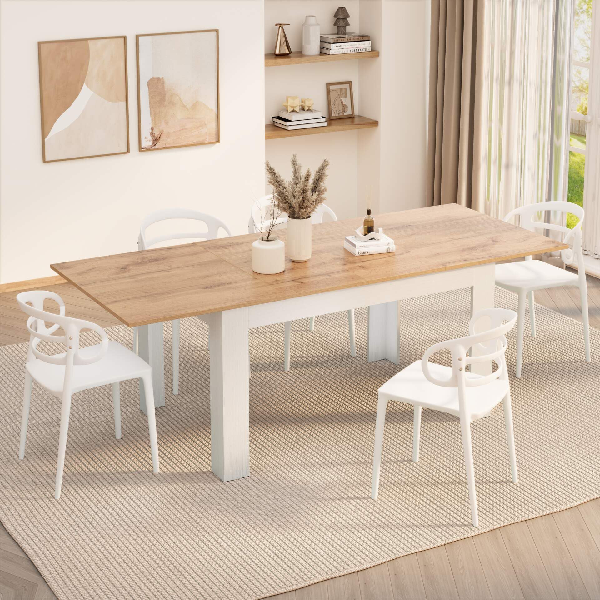 Mobili Fiver, Easy, Extendable Dining Table, 55.1(86.6) x35.4 in, Rustic Oak and Ashwood White, Made in Italy