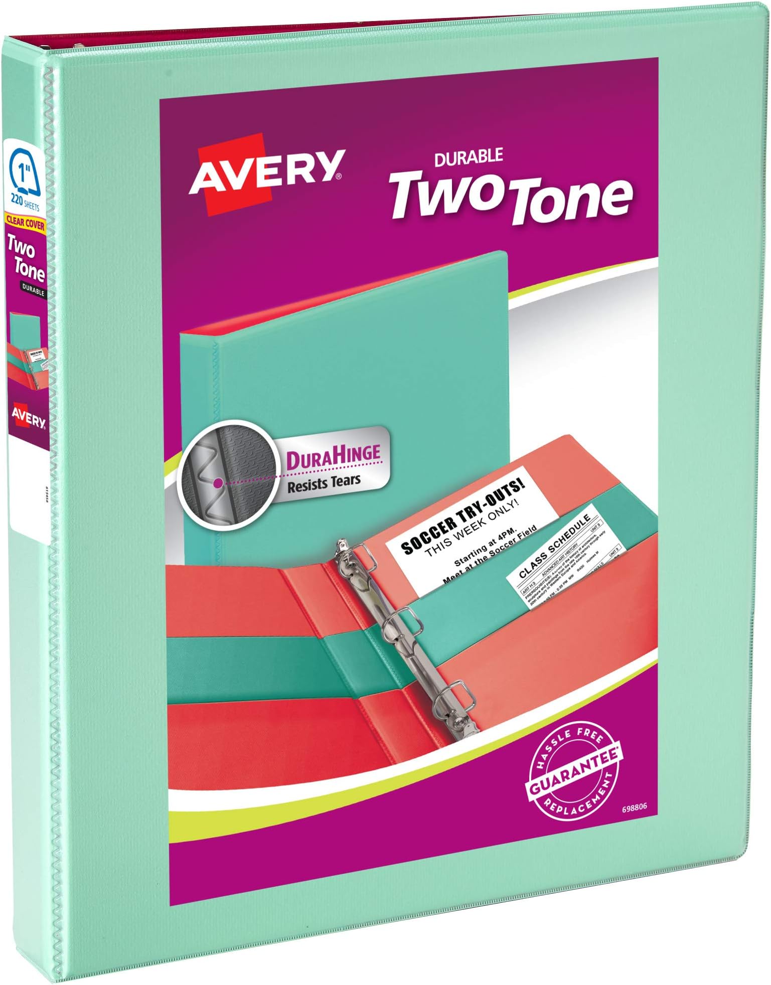 Avery Two-Tone Durable View 3 Ring Binder, 1 Inch Slant Rings, Mint/Coral Binder (17288)