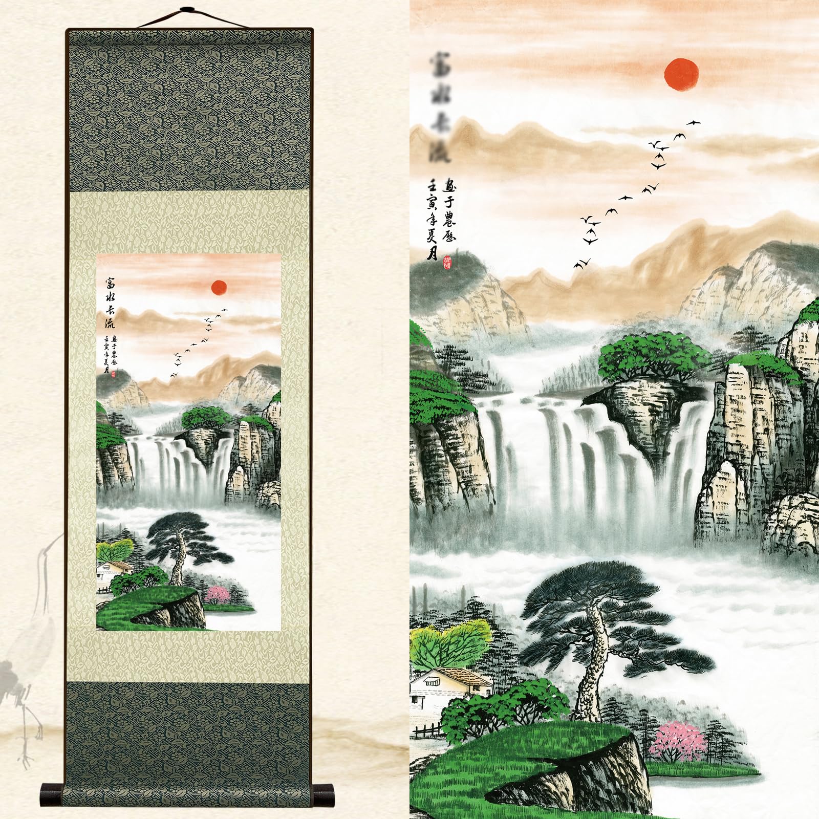 Newscz Wall Art Pictures for Living Room Room Decor Aesthetic Art Prints Silk Scroll Landscape Paintings Wall Decor Bedroom Tapestries Wall Posters for Home Decor Kitchen Hallway Decor 36 by 12 in