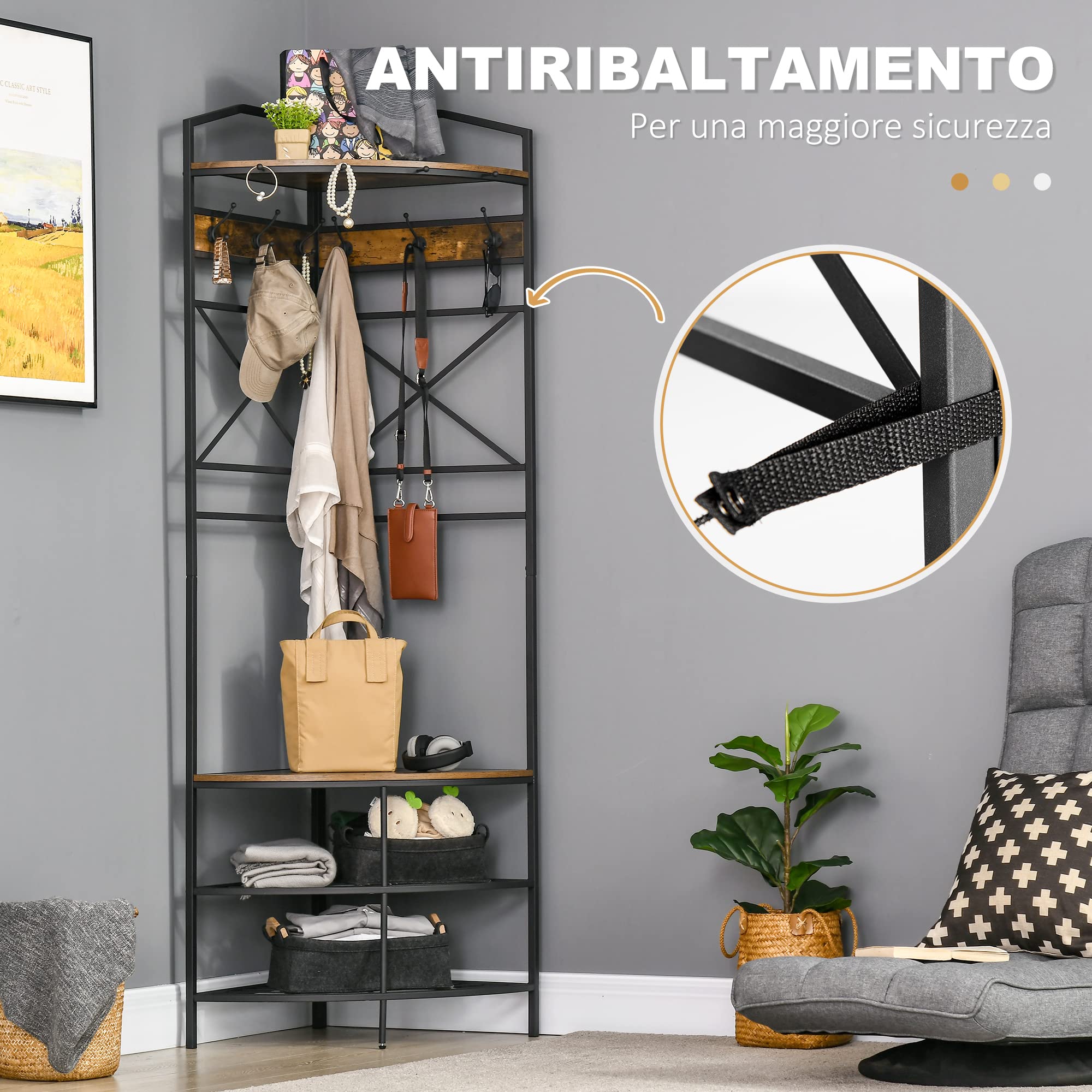 HOMCOM Attaccapanni da Terra con Ganci, Mobile Ingresso Appendiabiti da Terra Angolare con Panca e Scarpiera, Mensola in Stile Industriale, 50x50x183cm, Marrone