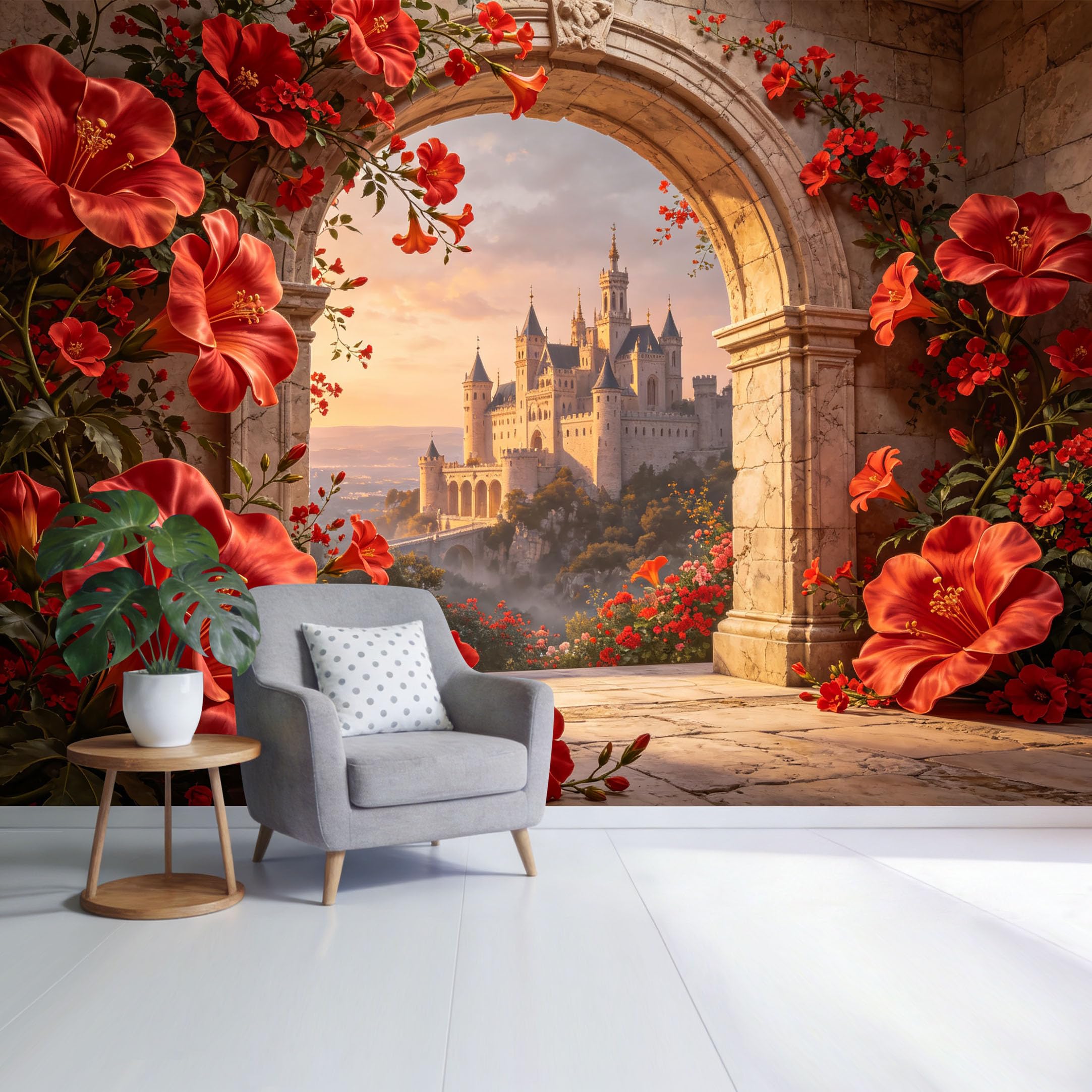 Custom Size Wall Mural Romantic Castle View Through Stone Archway with Vibrant Red Floral Botanical Landscape SelfAdhesive Wall Fabric Removable Wallpaper for Home Office Decor