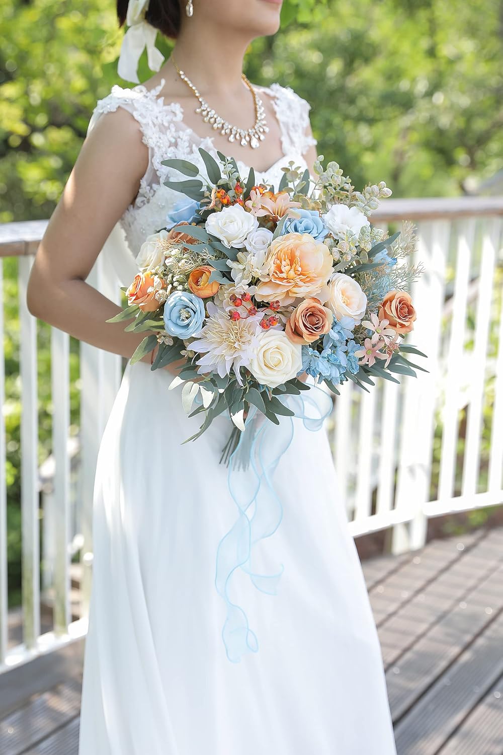 rongflower Artificial Flowers Combo Fake Silk Flowers Fall Bouquets for DIY Wedding Bouquets Centerpieces Party Baby Shower Home Decorations (Blue White)