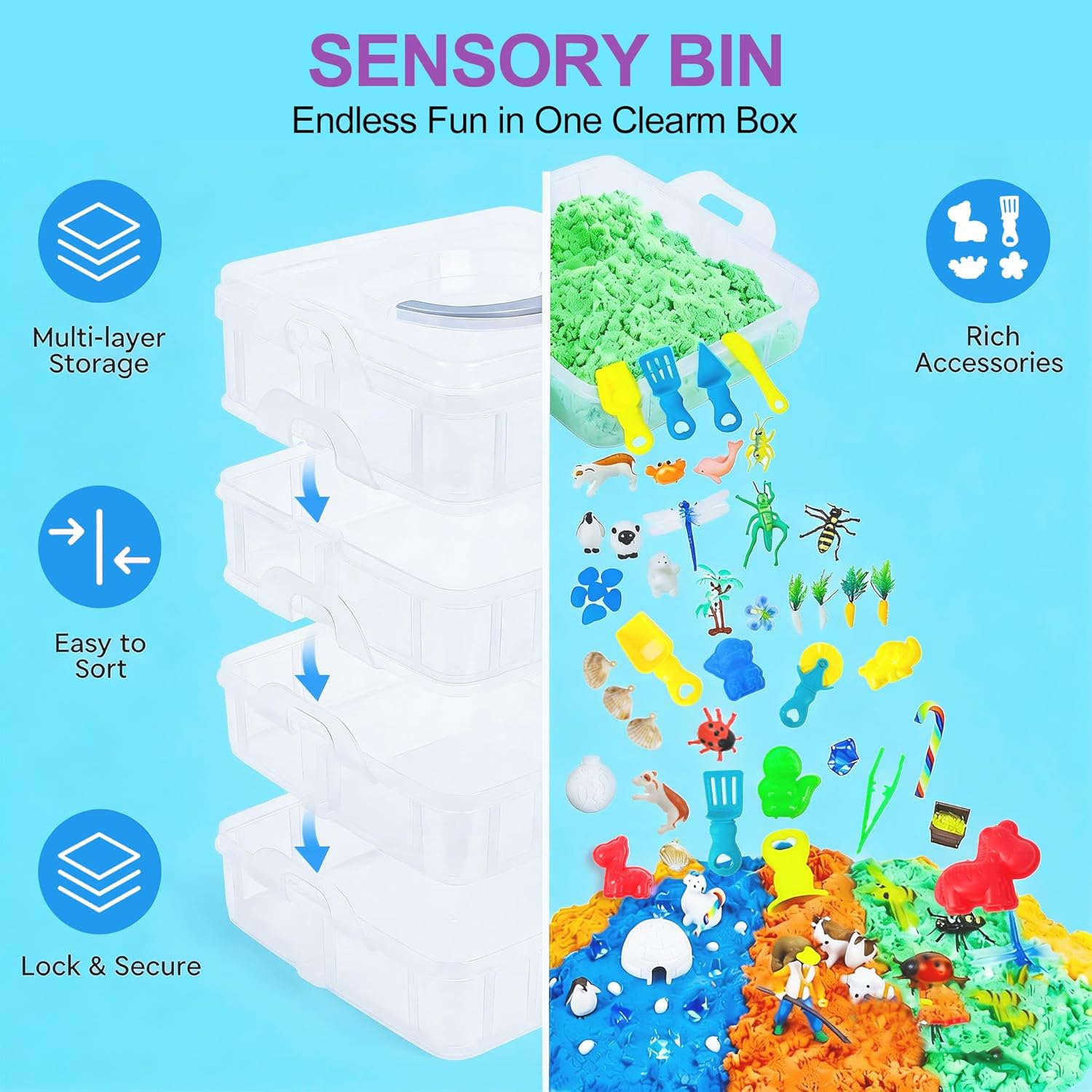 AGENTLAN 4 Seasons Stackable Sensory Bin，Mini Sandbox for Spring, Summer, Fall & Winter. Sensory Toys with Play Sand for Toddlers Boys and Girls, Kids Toys Gift Sand Box for Age 3 4 5 6 7 8