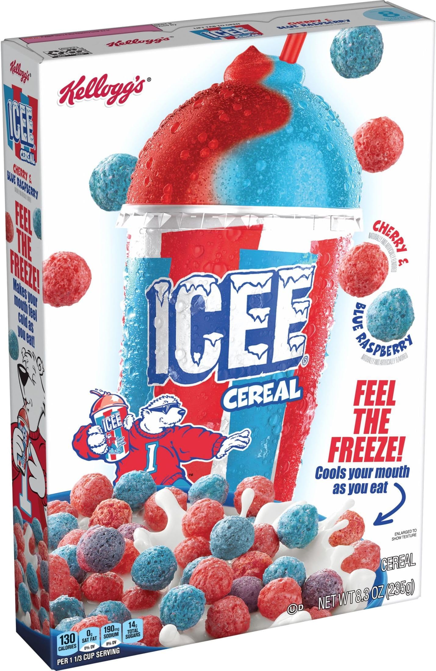 Kellogg’s ICEE Cold Breakfast Cereal, 8 Vitamins and Minerals, Kids Snacks, Cherry and Blue Raspberry, 8.3oz Box (1 Box)