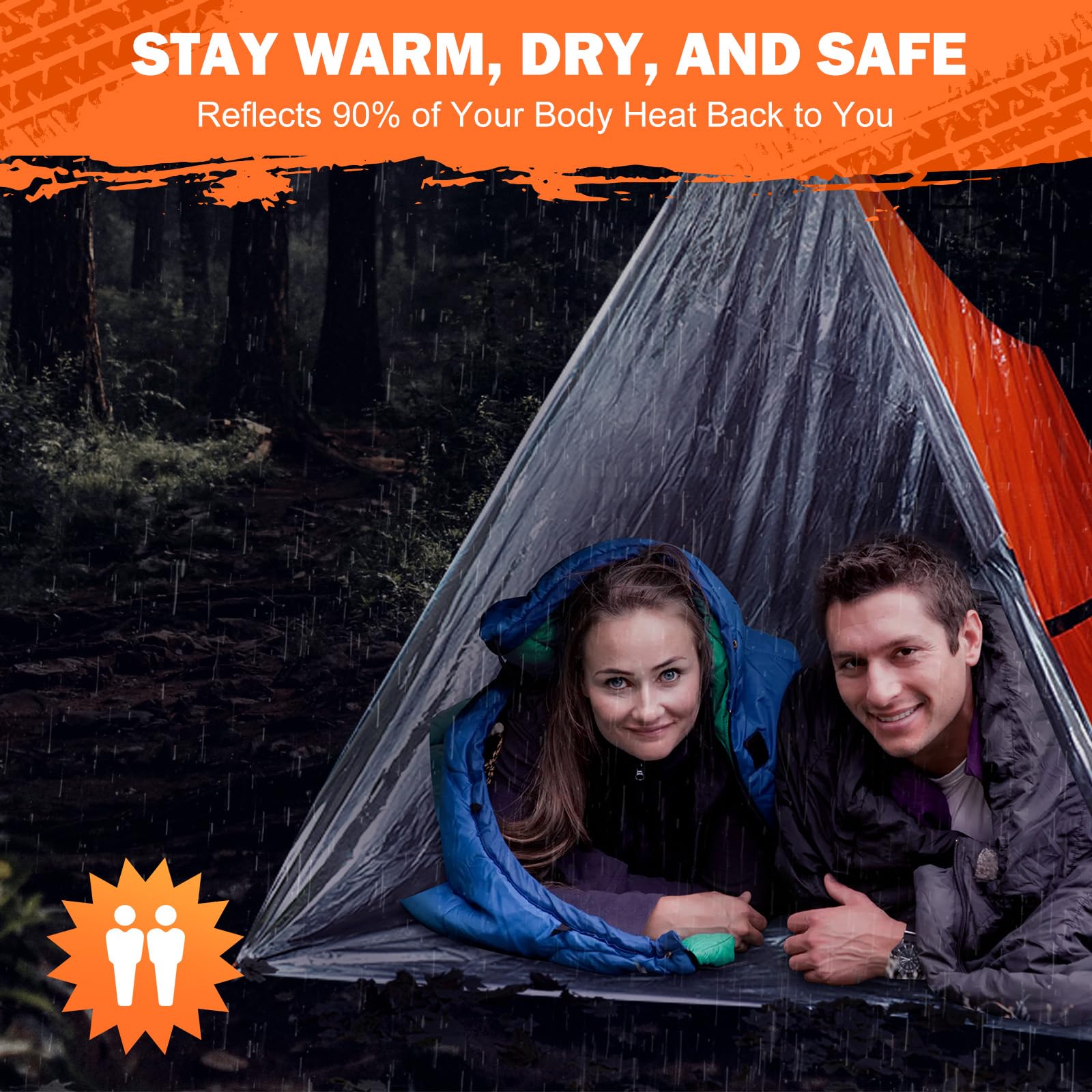 Tente de survie d'urgence – Tente de survie pour 2 personnes en Mylar avec sifflet d'urgence et paracorde, équipement de survie essentiel pour le camping, la randonnée et les kits de survie