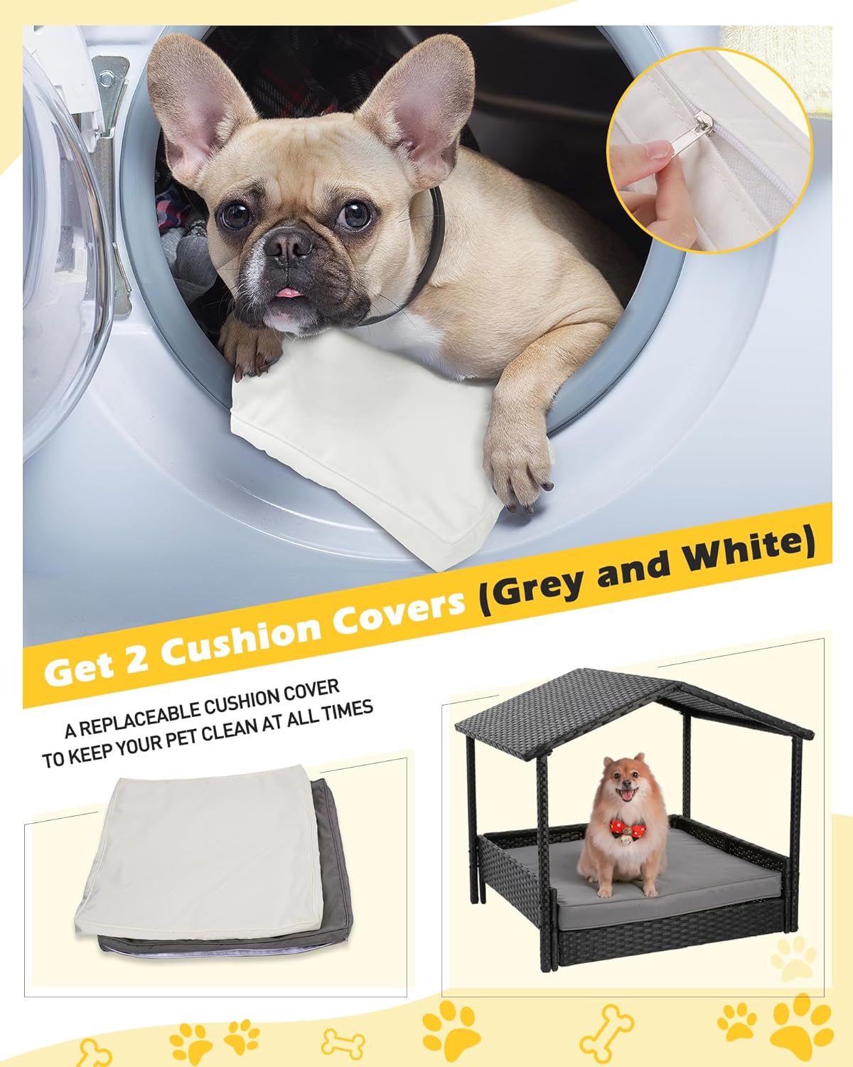 2-in-1 Outdoor Dog House, Rattan Dog Bed for Indoor/Outdoor with Removable Canopy, Removable Cushion &2 Covers, Elevated Raised Rattan Dog Bed for Small to Medium Dogs (White + Grey Covers)