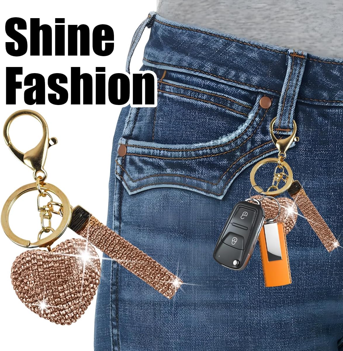 Bling Car Keychain, Crystal Rhinestone Love Heart Vehicle Key Chain, Cute Auto Keyring Accessories, Universal Fit (Champagne) image 3