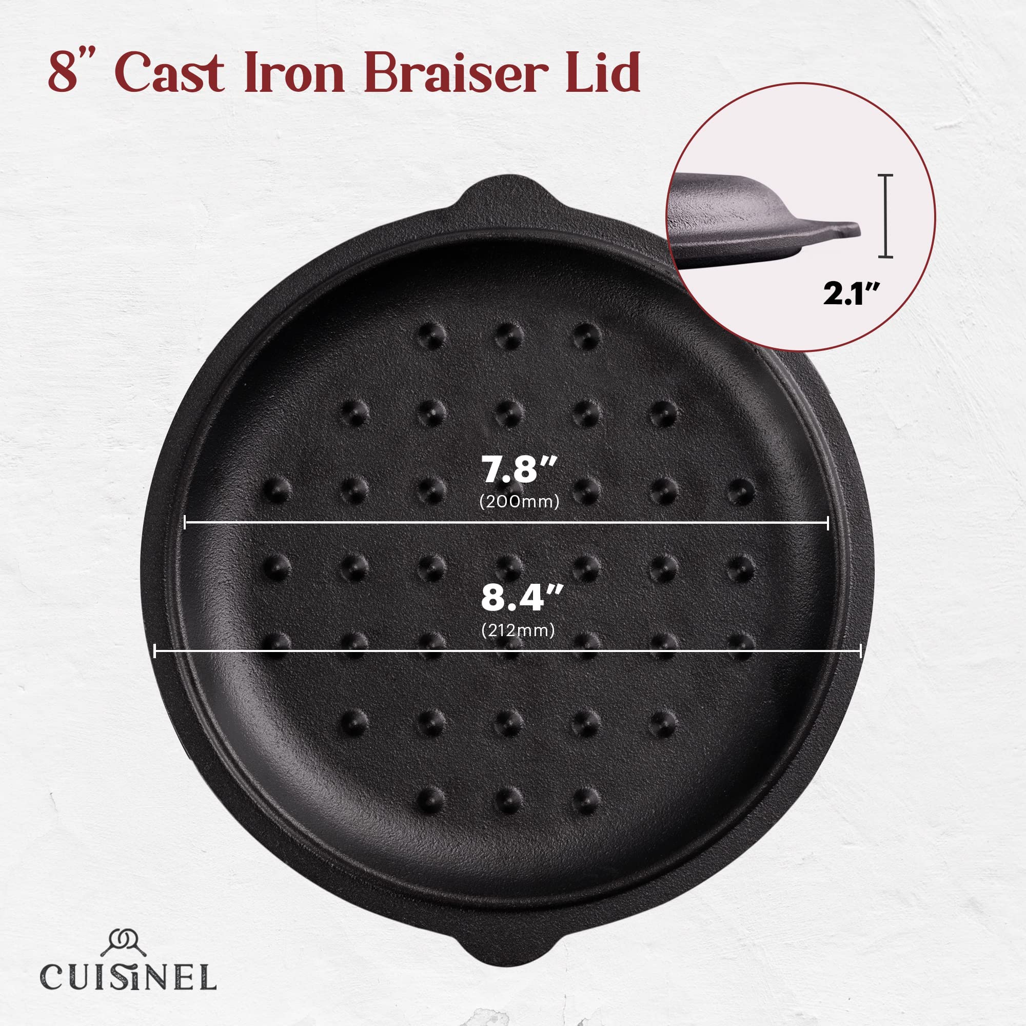 Cast Iron Lid - Fits 8"-Inch Lodge Skillet Frying Pans or Braiser + Silicone Handle Holder + Care Guide - 20.32cm Pre-Seasoned Universal Replacement Cover - Indoor/Outdoor, Oven, Open Fire, BBQ Safe