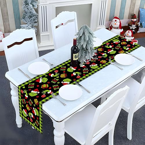 Miniatura 3 de Pudodo Camino de mesa Grinchmas Feliz Navidad, búfalo a cuadros para decoración de fiestas de invierno, chimenea, cocina, comedor, decoración del
