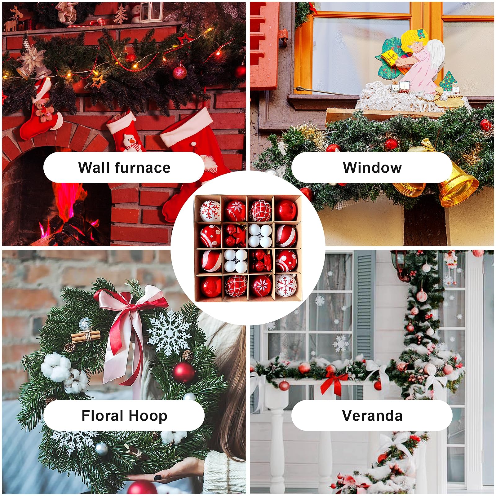 KEYIDO Christmas Tree Baubles, 42 Pack Red and White Christmas Tree Ornaments Set, Shatterproof Plastic Christmas Balls for Christmas Trees, Wreaths, Xmas Party Decorations - Image 2