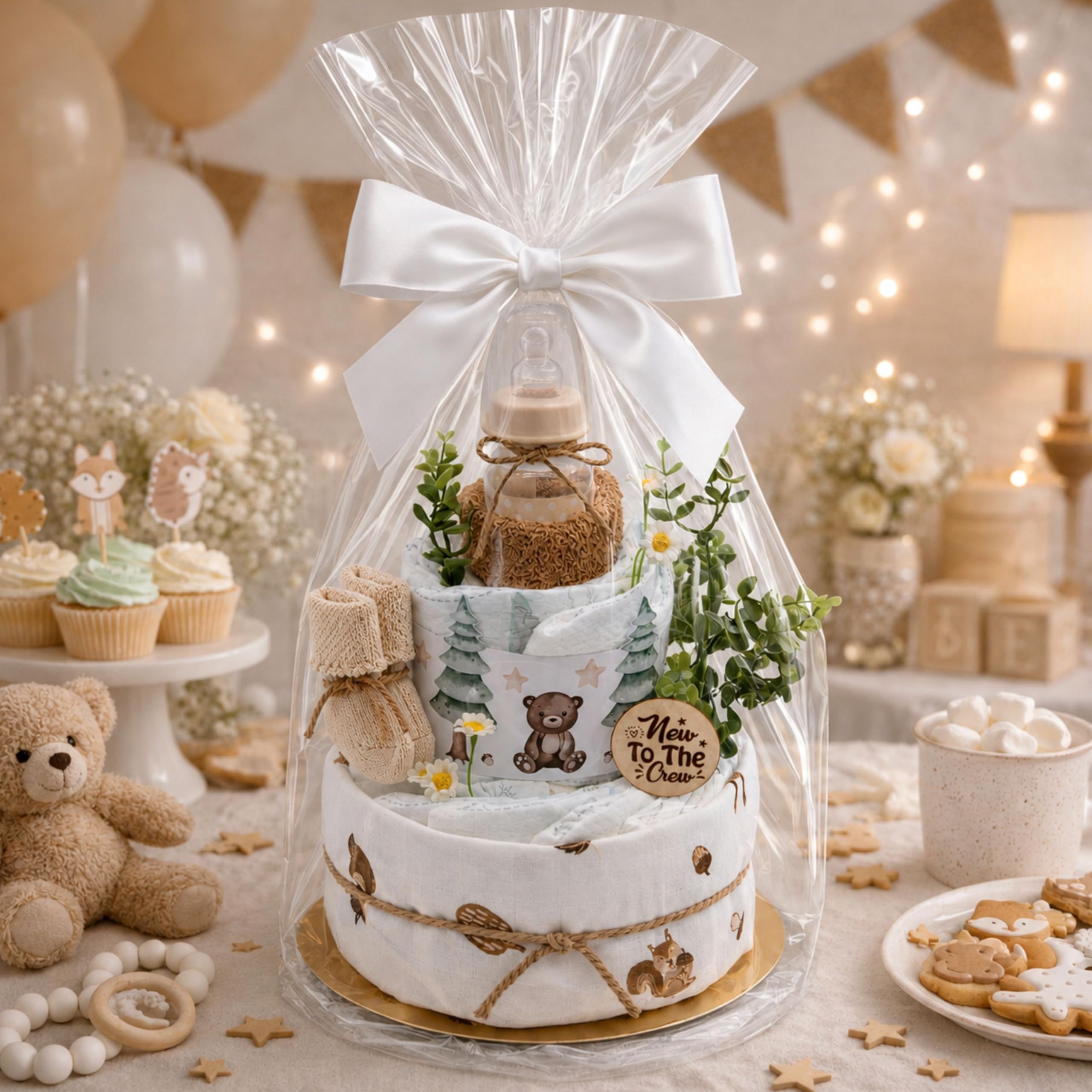 Windeltorte Baby Wald mit Musselintuch, Baby Teeflasche, Spucktuch, Babysocken-Geschenk zur Geburt (Brown)