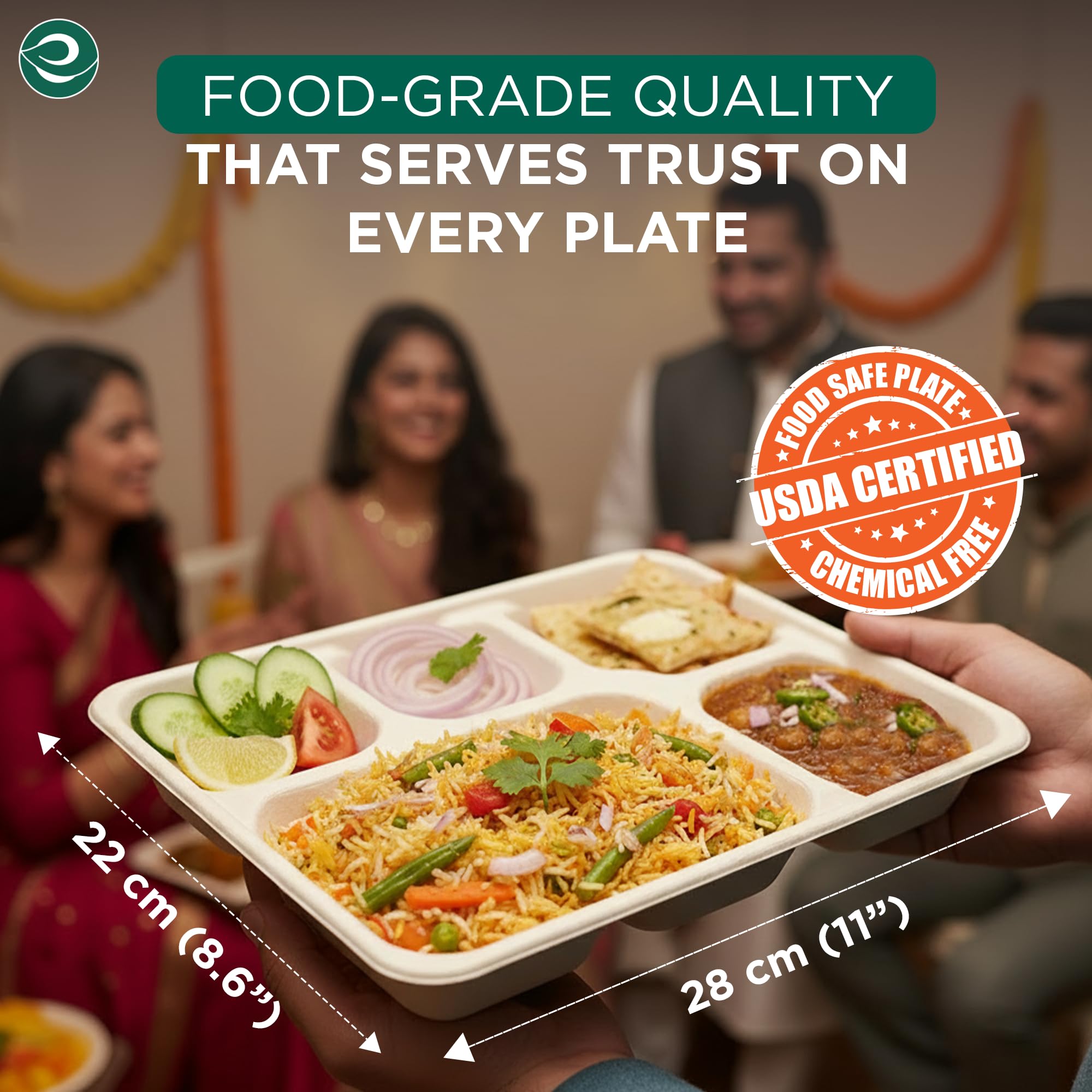 Eco Soul | 5 Compartment Bagasse Meal Tray | 11 Inch - Pack of 25 | Disposable Plates Big Size | Eco-Friendly, Sturdy & Heat-Safe | Ideal for Cafeterias & Meal Services | Plastic-Free