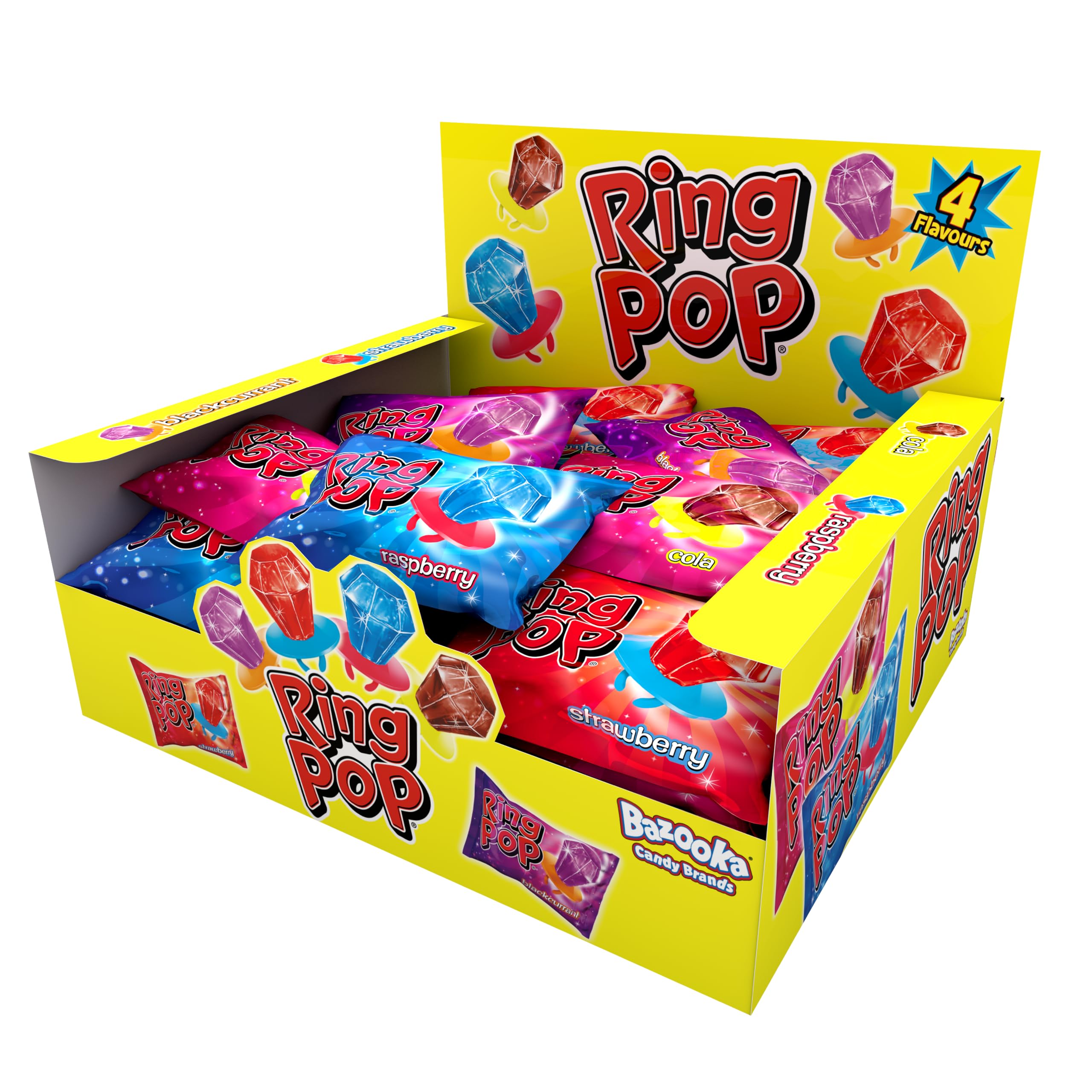 Bazooka Ring Pop Lollipops (Pack of 24 Lollipop Sweets Bulk) Wearable Lollies, Fun Sweets for Party Bags, 5 Tasty Flavours - Halal Candy