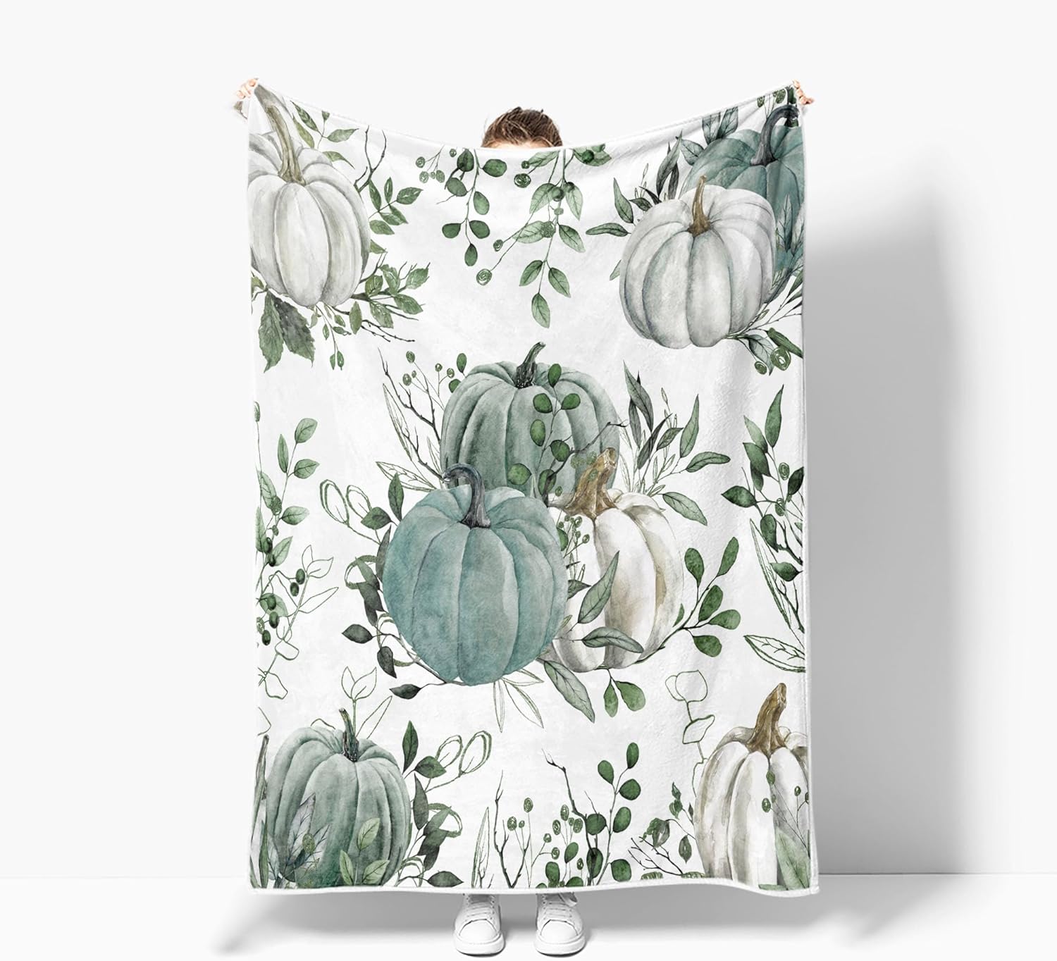 Fall Boho Pumpkin Throw Blanket, Rustic Autumn Maple Leaves Thanksgiving Harvest Decorative Farmhouse Fleece Flannel Blanket, Fall Seasonal Teal Green Soft Blanket for Bed Couch Sofa 50"X60"