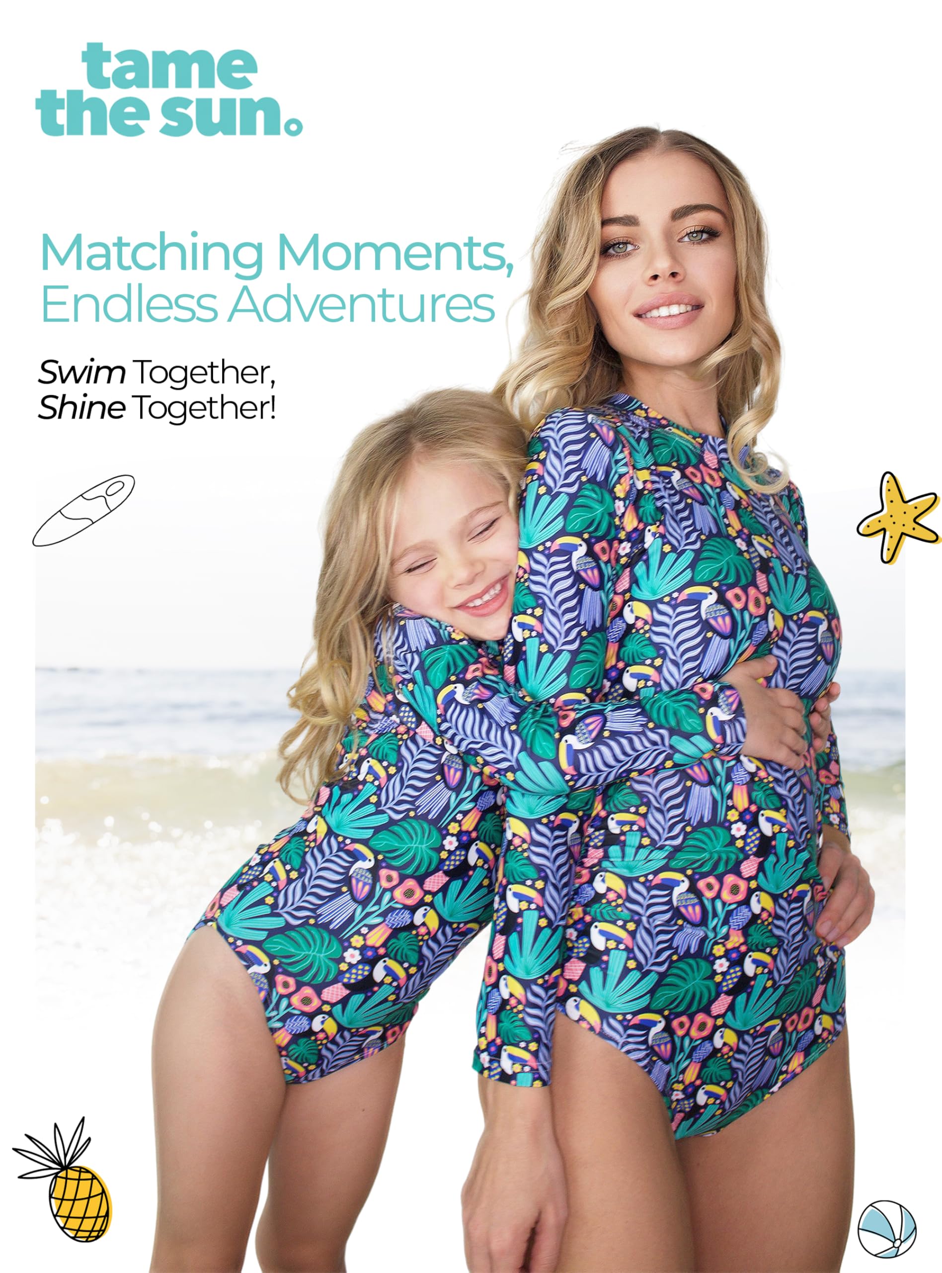 Tame the Sun Traje de baño de manga larga para niñas, traje de baño de una pieza con protección contra erupciones y cremallera UPF 50+