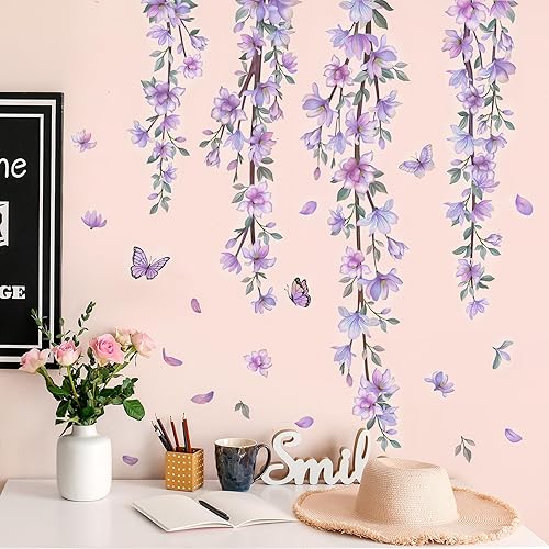 Miniatura 8 de Pegatina de pared de vinilo impermeable con diseño de flores y vides moradas para colgar en casa, dormitorio de niñas, habitación de niños,