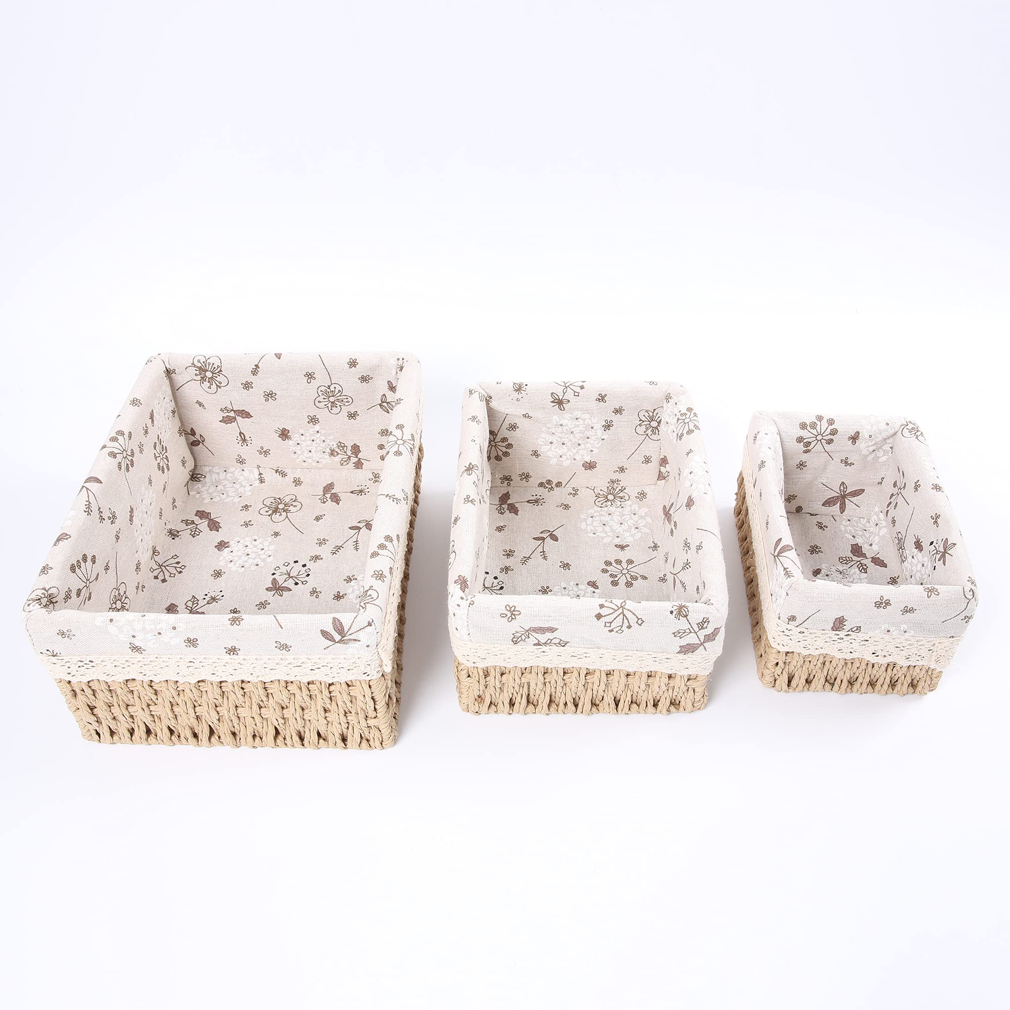 YRMT - Juego de 3 cestas de almacenamiento de cuerda de papel decorativo con forro, contenedores de almacenamiento rectangulares para maquillaje, baño, dormitorio, estantes organización, Home Deco