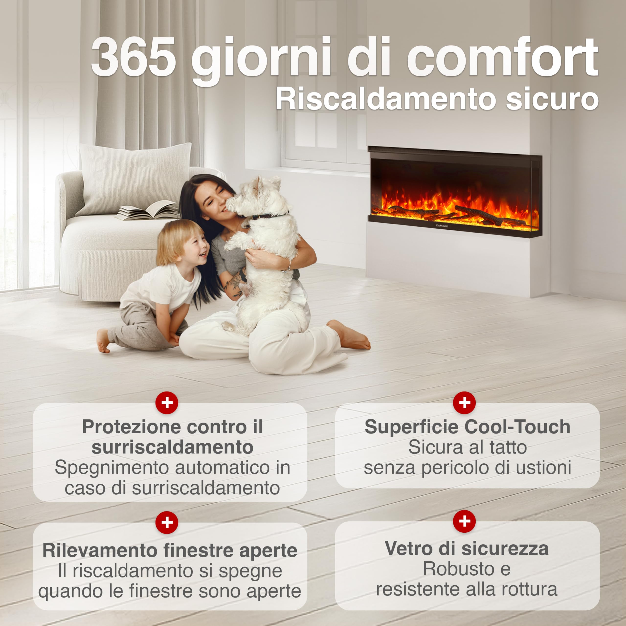 KAMINIO Camino elettrico LEA 3-in-1 con vista panoramica, riscaldamento, effetto fiamma 3D, 12 colori, telecomando 36 pollici