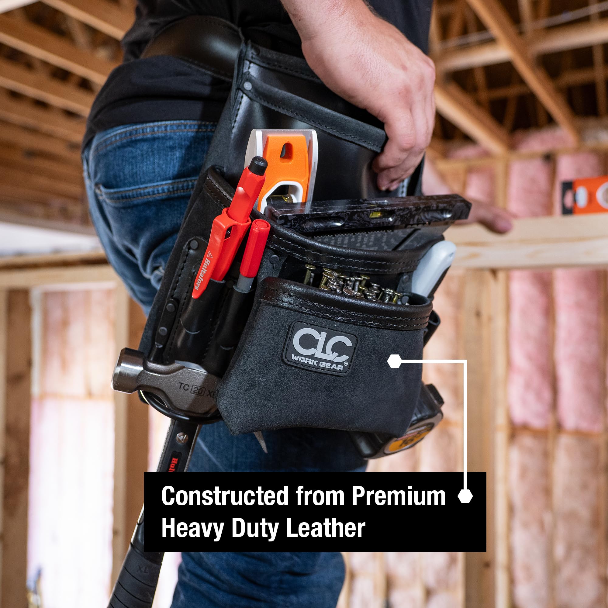 CLC Work Gear 55423 Heavy-Duty Leder Schreiner Nagel- und Werkzeugtasche - Werkzeugtasche mit 10 Fächern mit Hammerschlaufe und Tapeclip