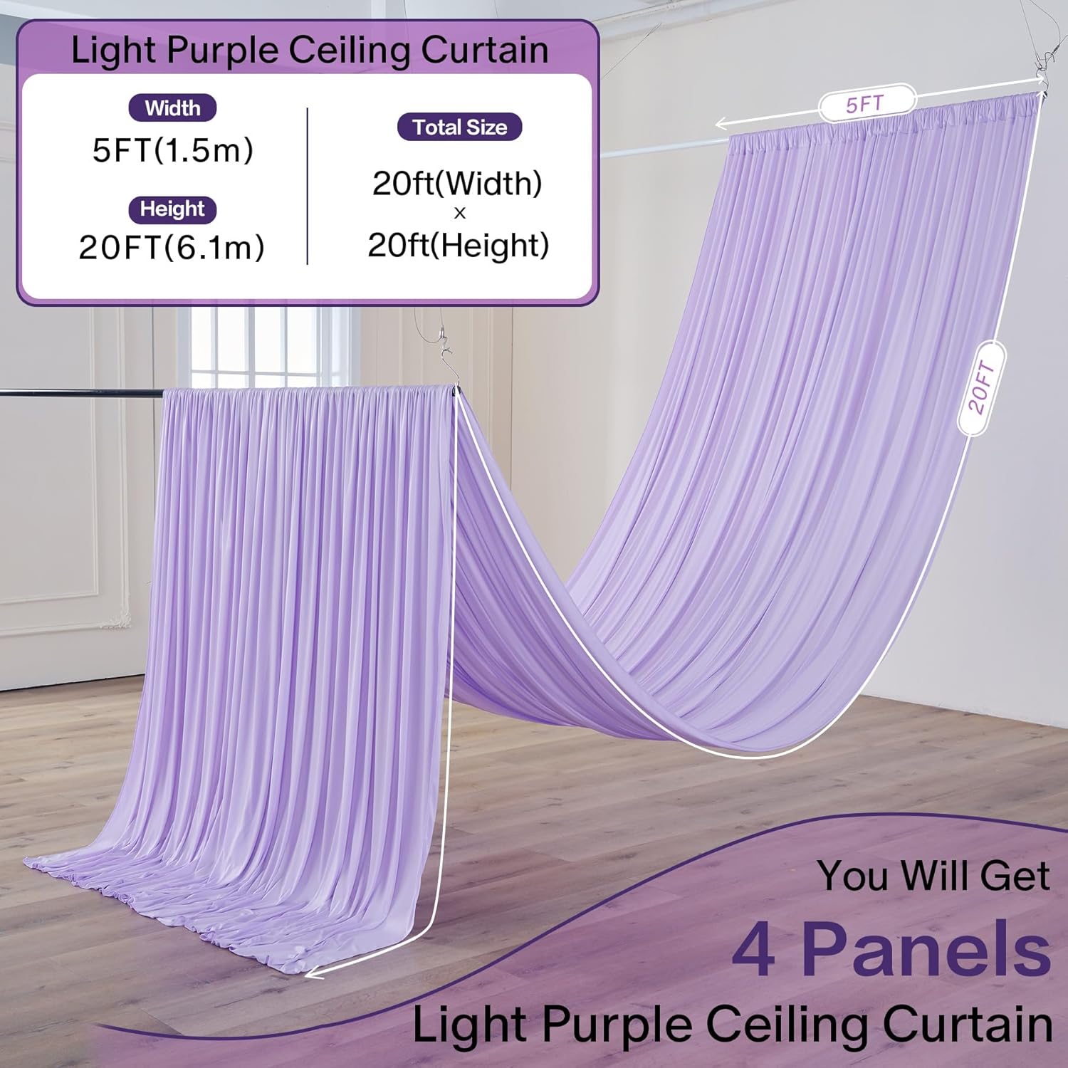 20ft×20ft Lilac Purple Ceiling Drapes for Weddings Parties,4 Panels 5×20ft Long Ceiling Curtain for Tent Canopy,Wrinkle Free Silk Draping Lavneder Drapes for Event Church Stage Photo Bedroom