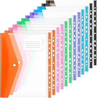 AHUNTTER 12 Pack Clear Punched Pockets A4 Plastic Folders Wallets Document Files Popper Wallets with Pocket, 11 Hole Ring Binder Files