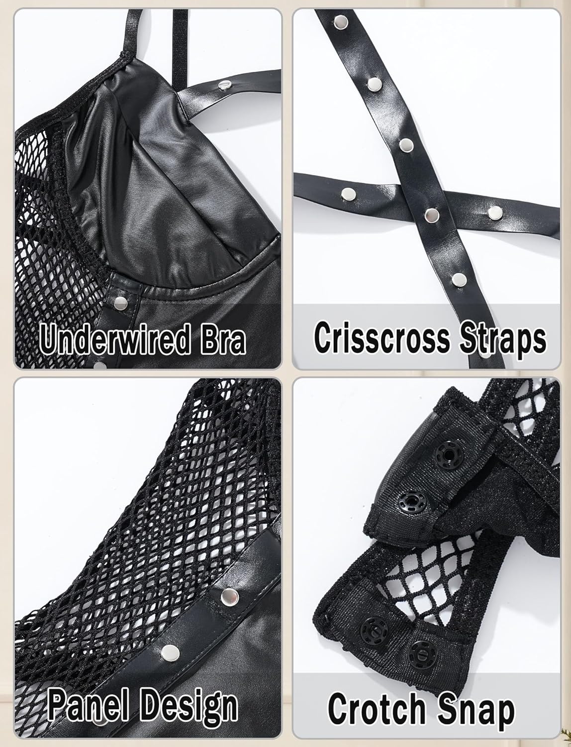 FEOYA Women Faux Leather Bodysuit Lingerie Rave Outfits for Valentines' Day Nightout Party - Image 4