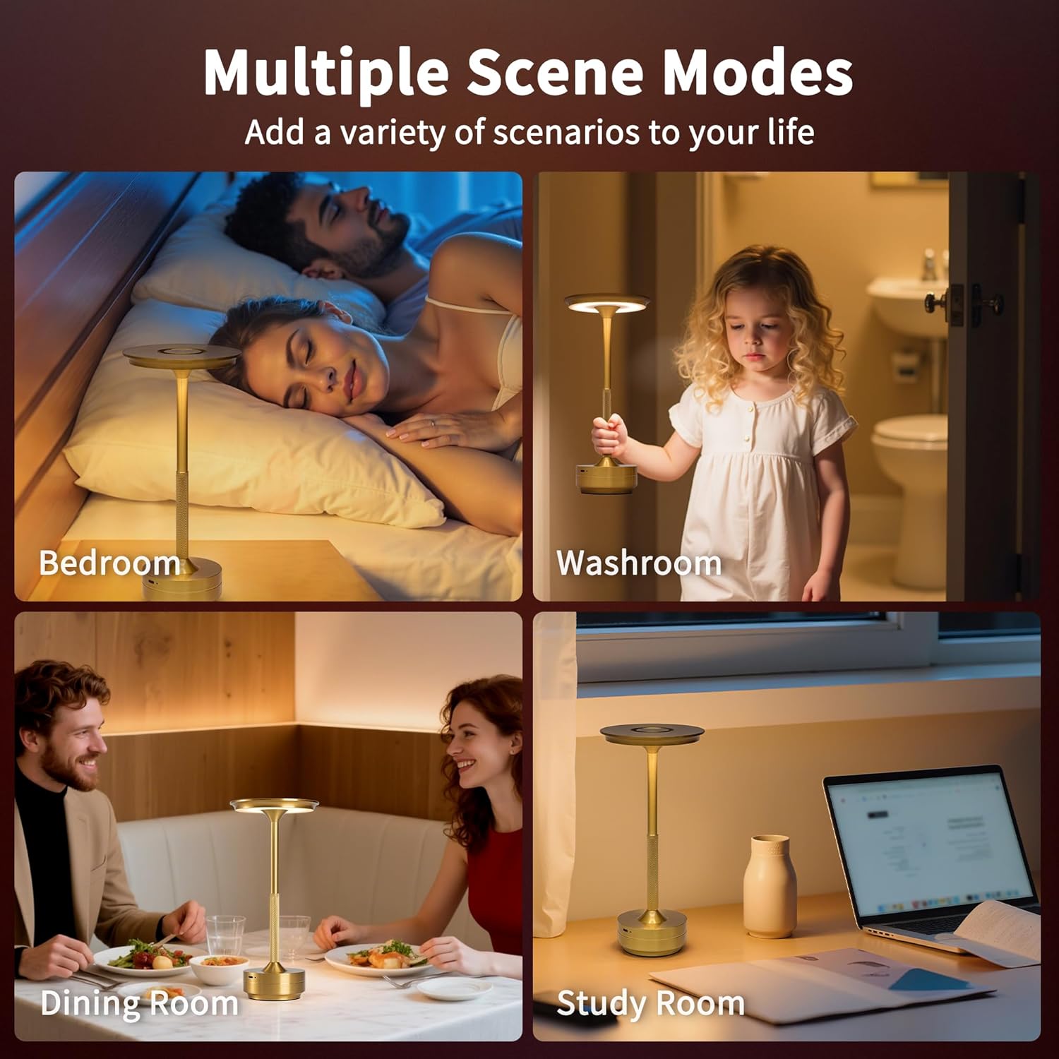 Gold Brushed LED Desk Lamp with Touch Control, 3 Color Modes, Dimmable, Built-in 5200mAh Battery, Eye-Friendly Flicker-Free Lighting, USB Type-C, Non-Slip Base