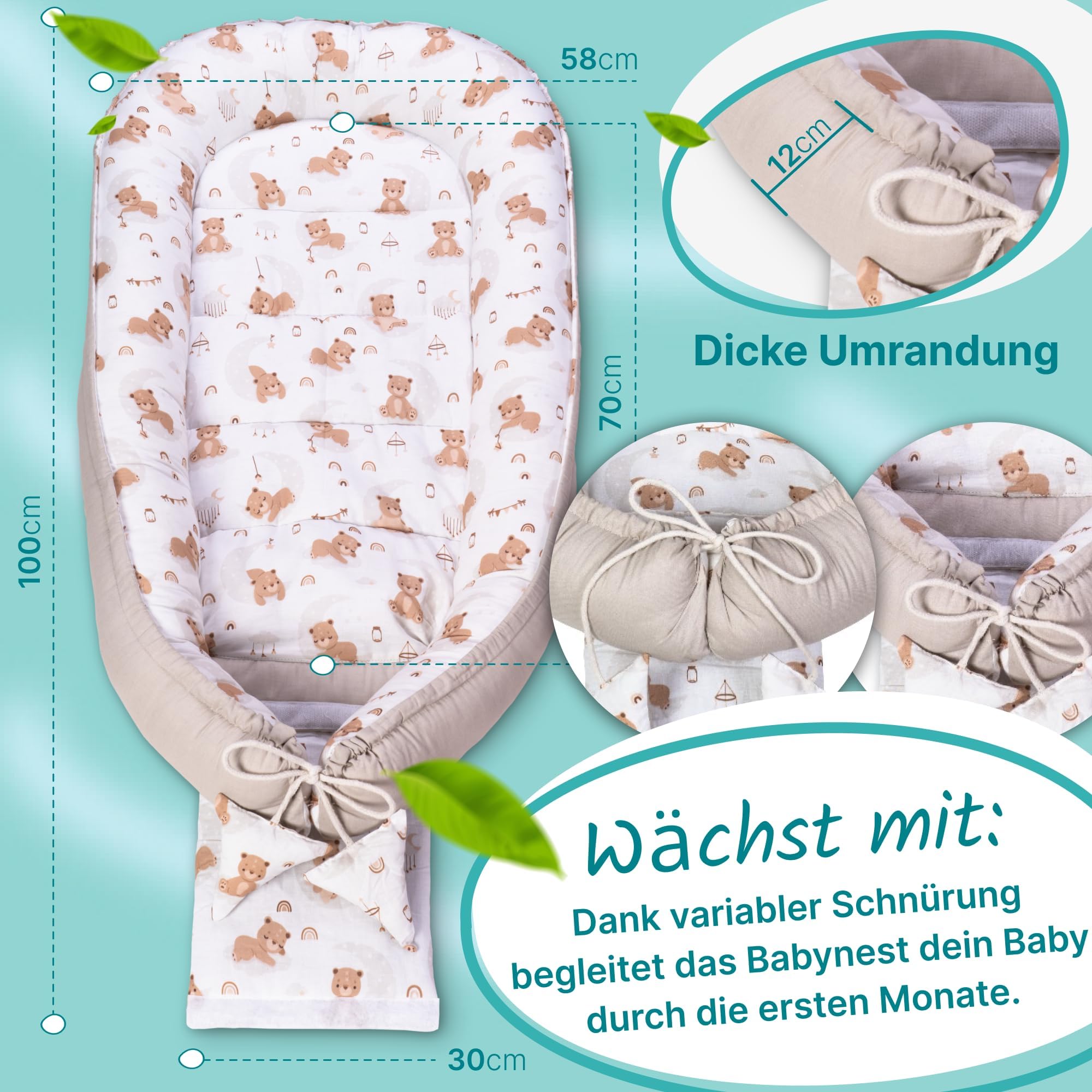 Babynest für Neugeborene, Baby Nestchen – Oeko-TEX Zertifiziert, 100% Baumwolle, maschinenwaschbar –Tragbares Babynest für zuhause & unterwegs, sicher & gemütlich – 100x58x12 cm, Beige