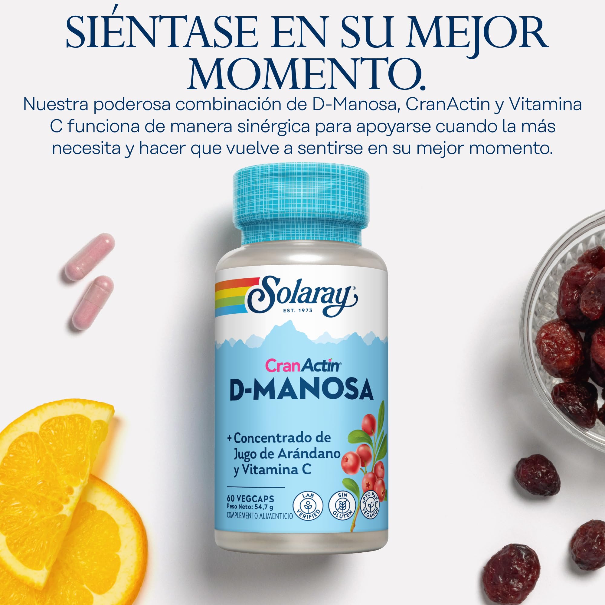 D-manosa con cranactina, arándano y vitamina C, 60 cápsulas veganas, no tabletas, suplemento de manosa D, sin OMG y verificado en laboratorio. Solaray