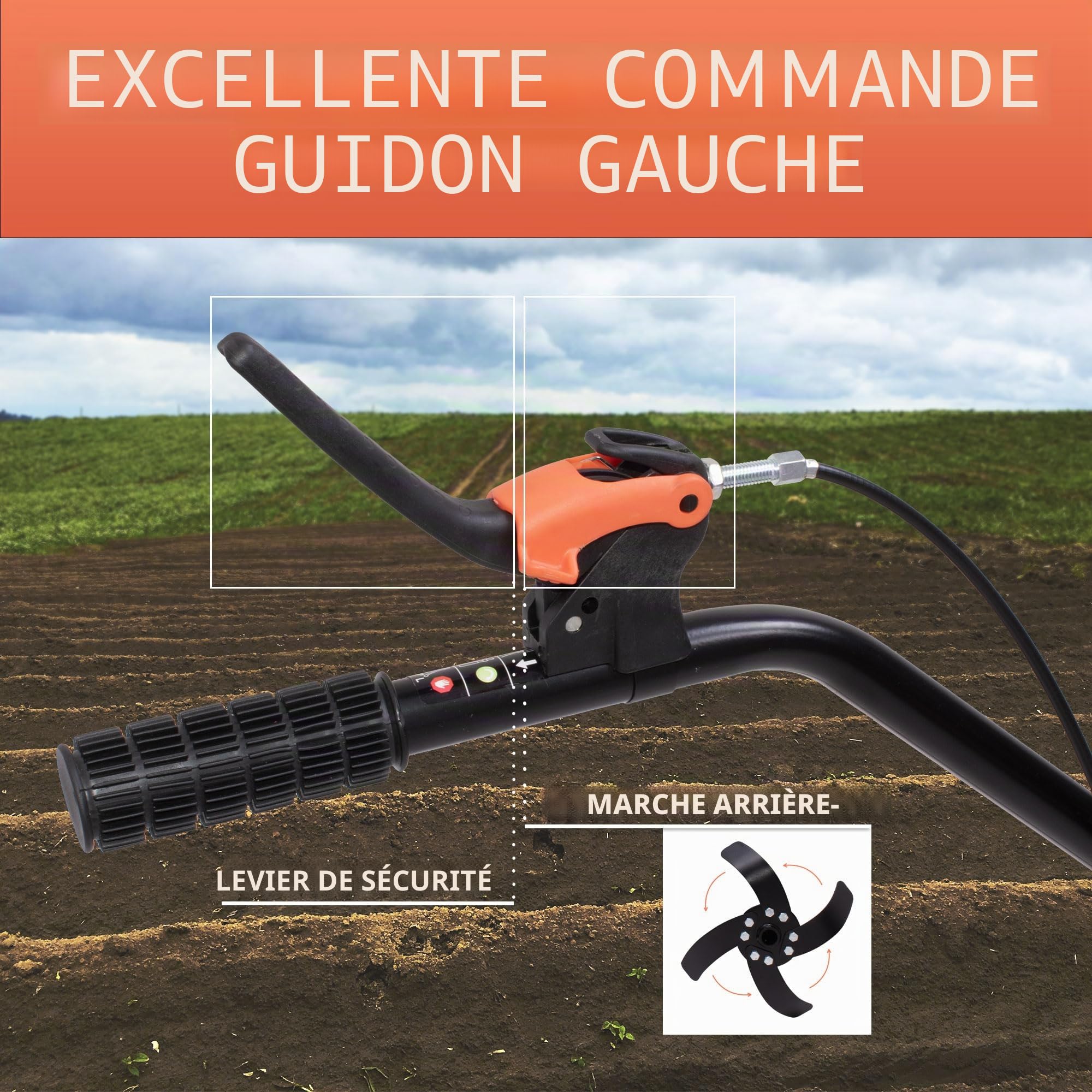 Boudech Tukang 212 Motoculteur pour jardin à essence 4 temps 6.1HP Moteur 212cc avec 6 fraises Ø40 cm 24 lames Largeur de travail 34-62-85 cm Profondeur de travail 40 cm