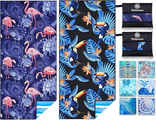 Miniatura 1 de Paquete de 2 toallas de playa de microfibra ligeras, sin arena, de secado rápido, absorbentes, delgadas y compactas para natación, piscina, camping,