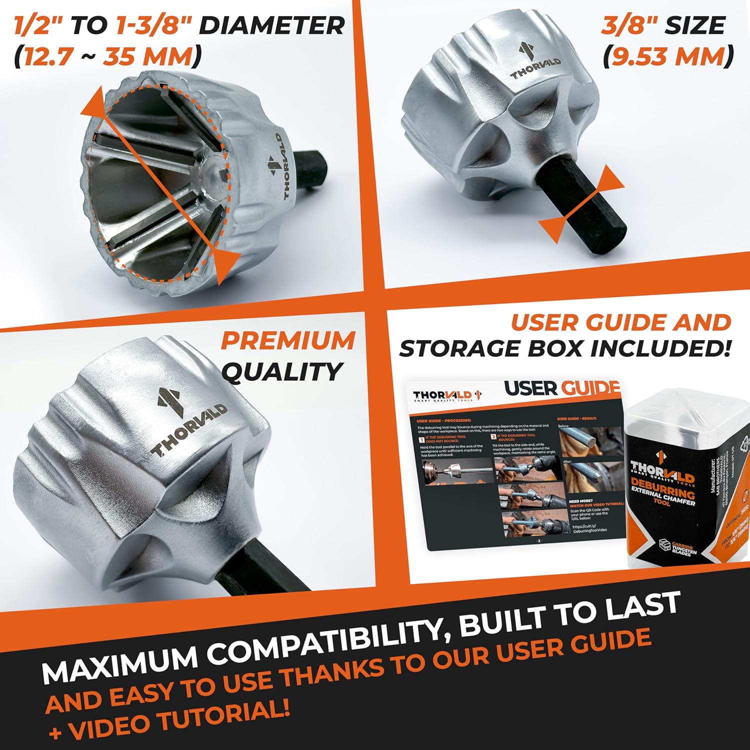 THORVALD Big Deburring External Chamfer Tool with Tungsten Carbide Blade - Deburr Tool for All Thread, All Metal Rod, Pipe, PVC - 1/2" to 1-3/8" Diameter (12~35mm) - User Guide + Tutorial Video