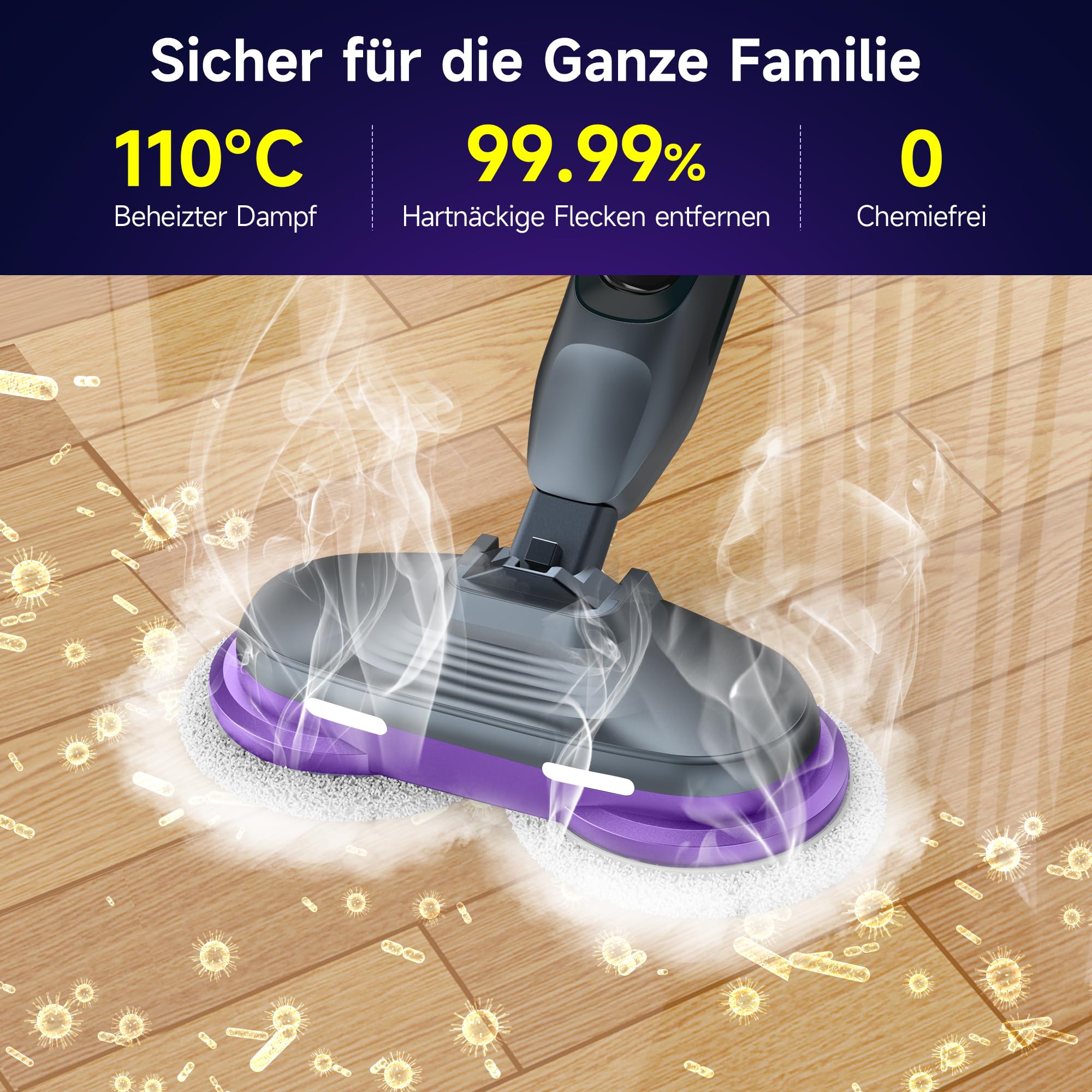 AlfaBot F2 Dampfreiniger – Dampfbesen mit 99,9%iger Desinfektion von Keimen und Bakterien, Dampf in 20s bereit, 450 ml, für alle Arten von Hartböden, ohne Verwendung von Reinigungsmitteln