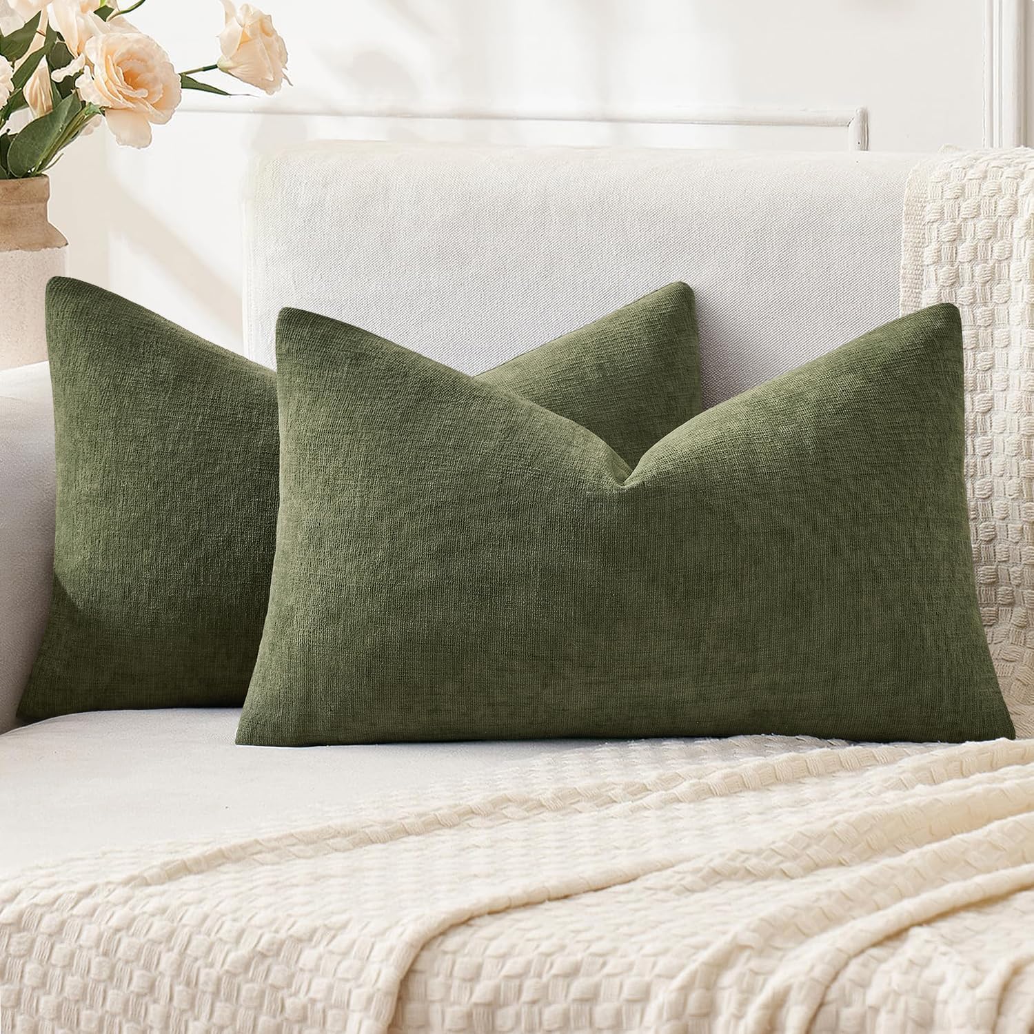 MIULEE Olive Green Couch Pillow Covers 12x20 Inch, Set of 2 Soft Chenille Decorative Lumbar Throw Pillow Covers Farmhouse for Sofa Living Room Bed