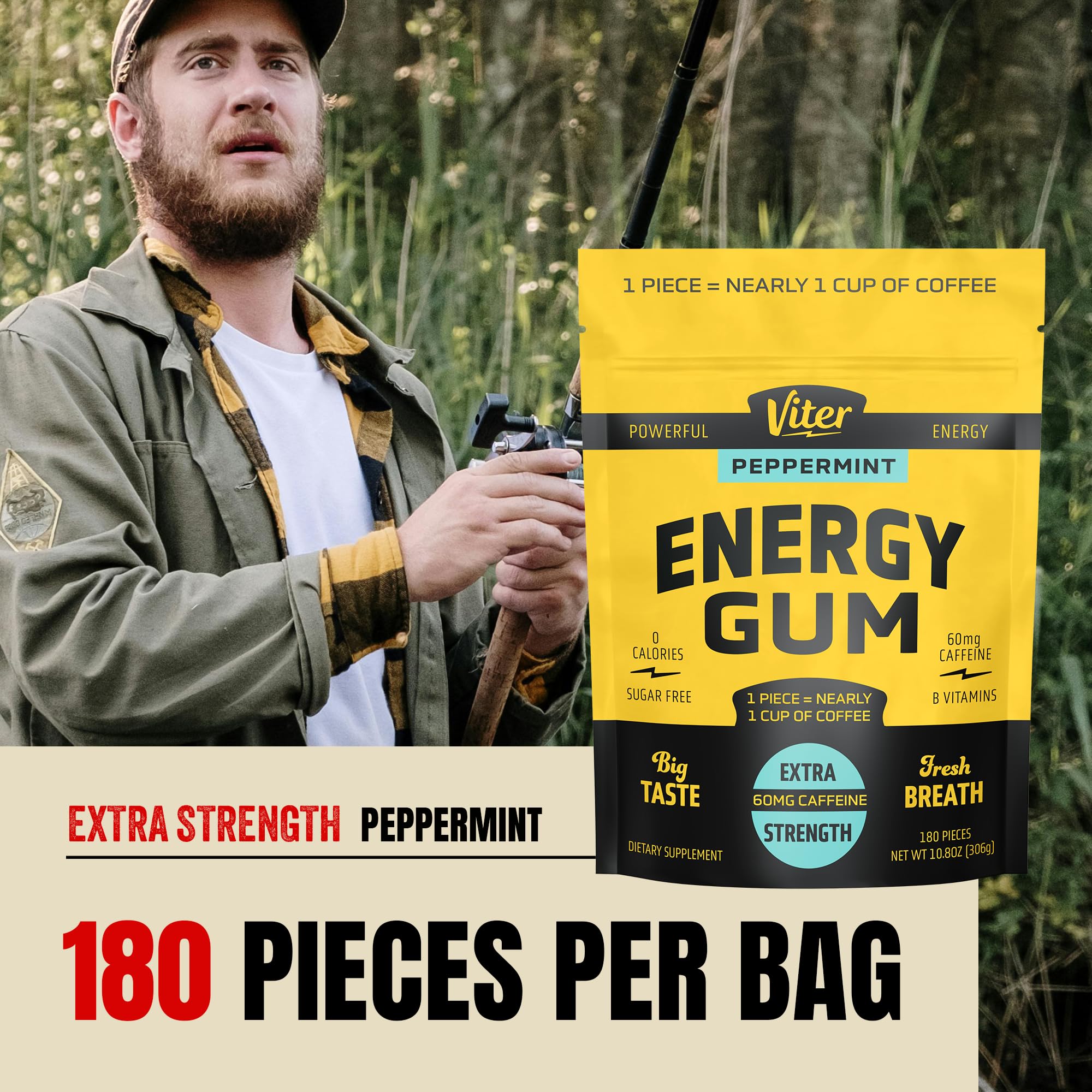 Viter Energy Caffeine Gum 60mg, Sugar Free, Peppermint, 180ct Bulk Bag — Amazon image 4