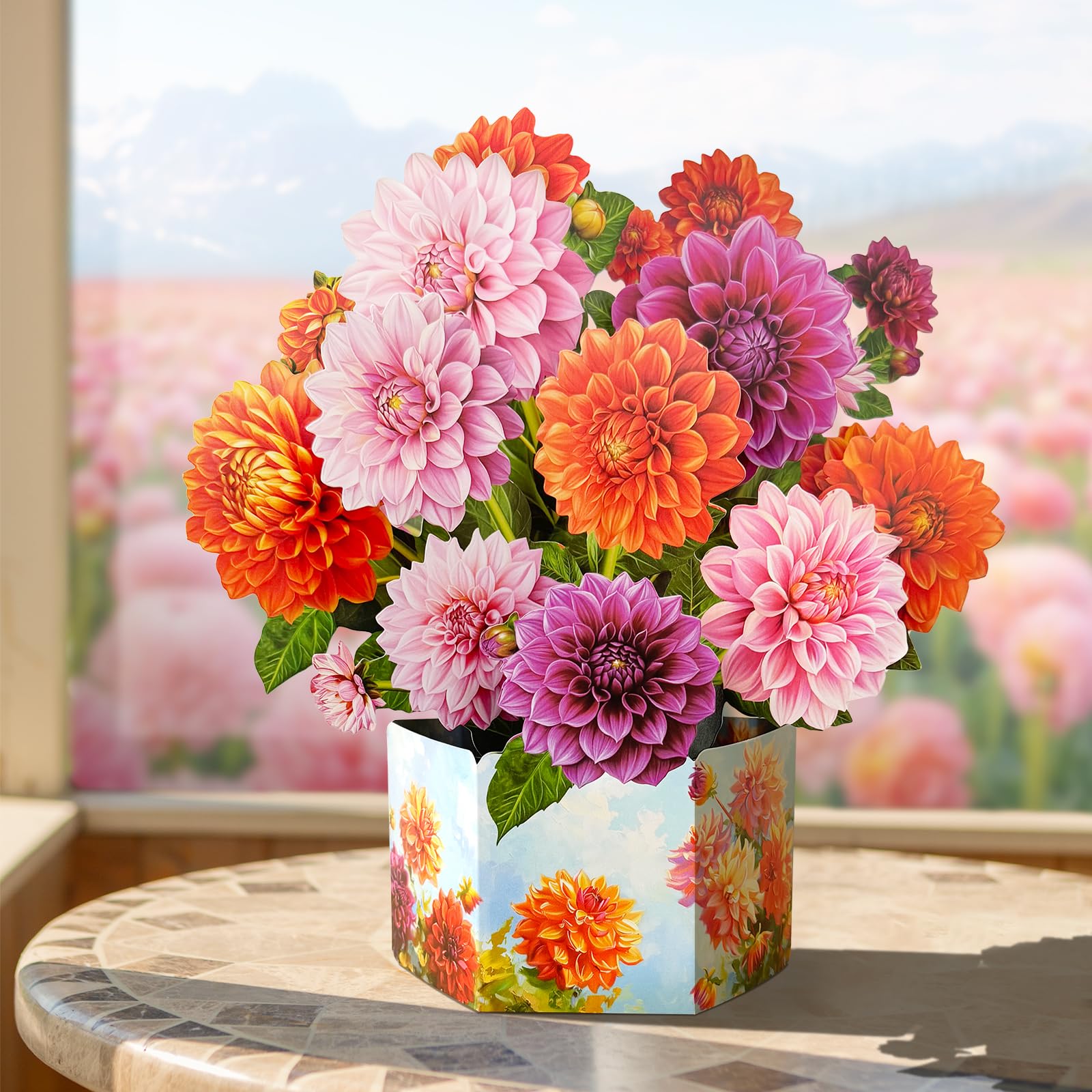 Tarjetas de felicitación desplegables, ramos de flores de papel de dalia