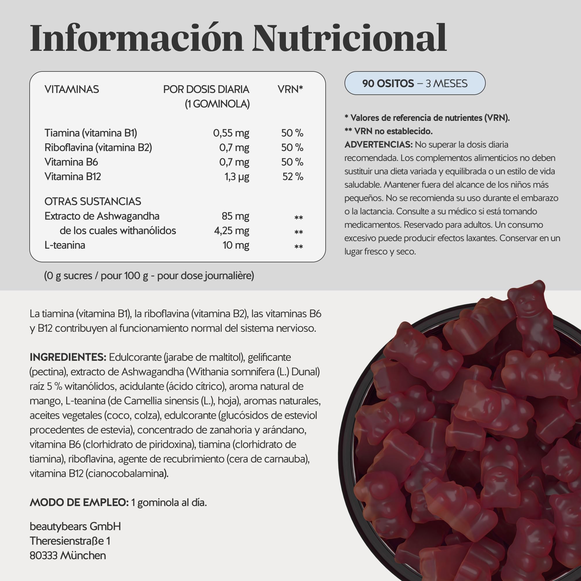 Keepin' It Calm Vitamin – Gominolas con 85 mg de ashwagandha – Complejo B con vitaminas B12, B1, B2 y B6, L-teanina – 90 unidades (3 meses) – Vegano, Sin azúcar – Bears with Benefits