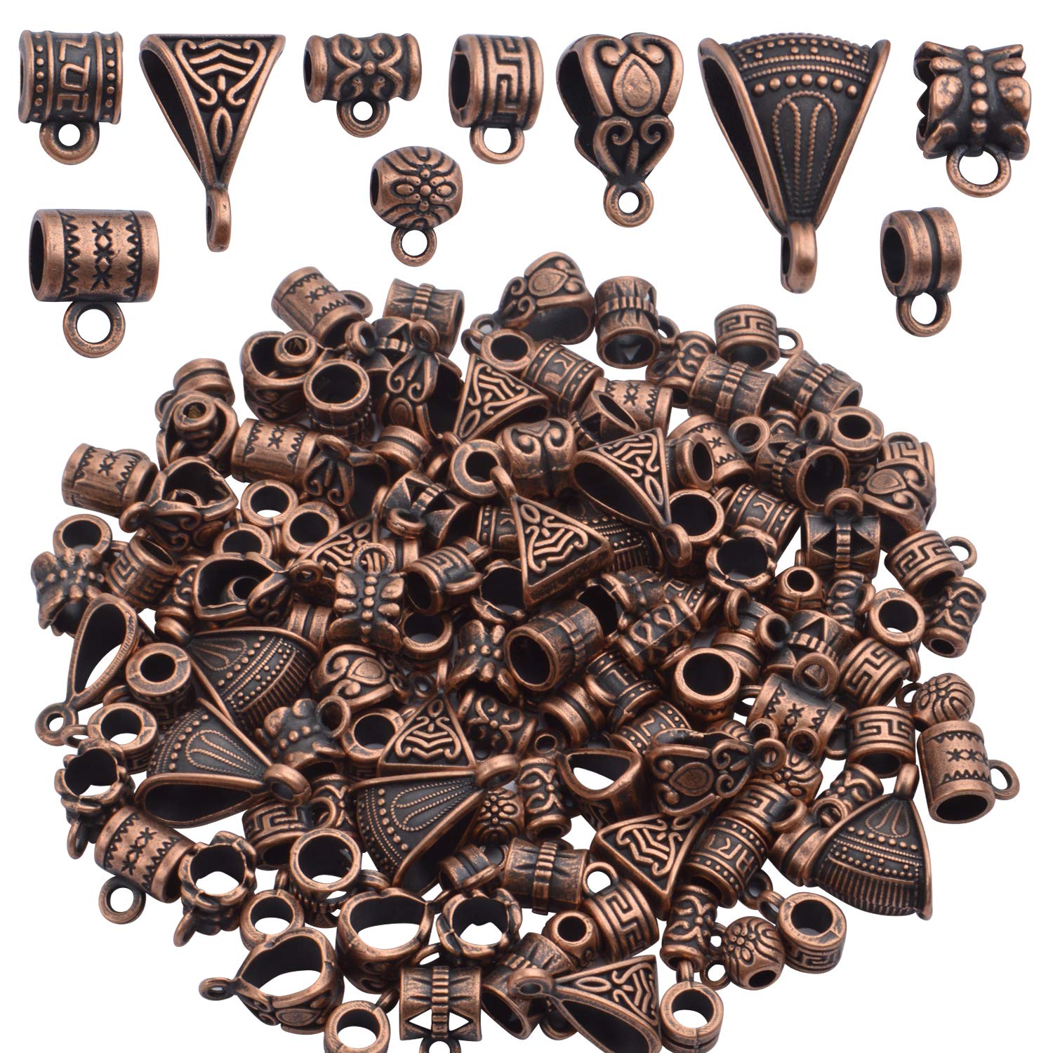 BronaGrand 100g (About 120-170pcs) Mixed Antique Copper Bail Beads,Spacer Bead,Bail Tube Beads,Bracelet Charms,Necklace Pendants for Jewelry and Craft Making