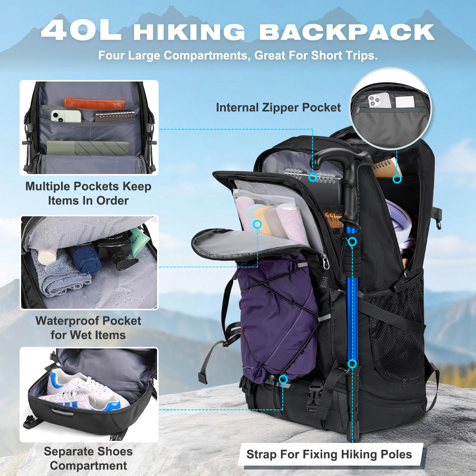 RAINSMORE Hiking Backpack 40L Foldable Lightweight Rucksack for Men Women Water Resistant Large Backpack for Walking Camping Climbing Travelling Black - 3