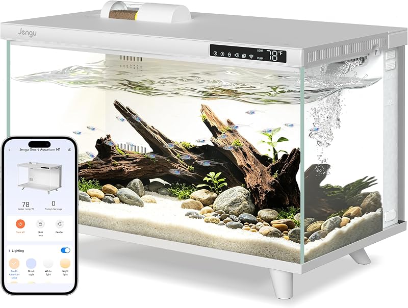 Tanque de peces inteligente M1 de 5,3 galones, kit de inicio para acuario Betta controlado por aplicación | Tapa integrada con alimentador automático, LED de espectro completo, pantalla de temperatura, filtración dual, bomba silenciosa para escritorio, blanco