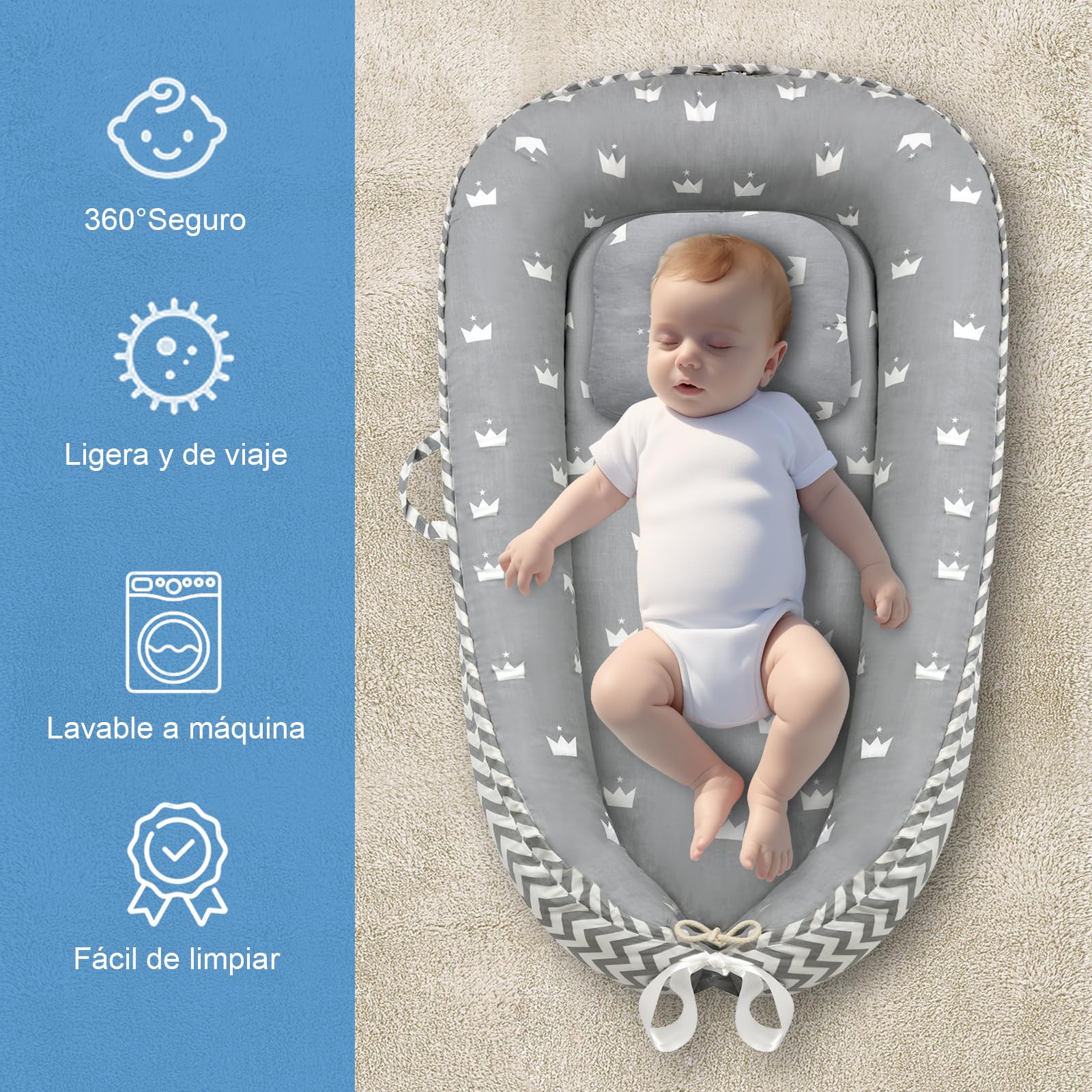 ROMAGIO Tumbona para bebé, suave y transpirable, portátil, funda para nido de bebé de 0 a 24 años, tumbona para dormir para bebés, regalos (blanco)