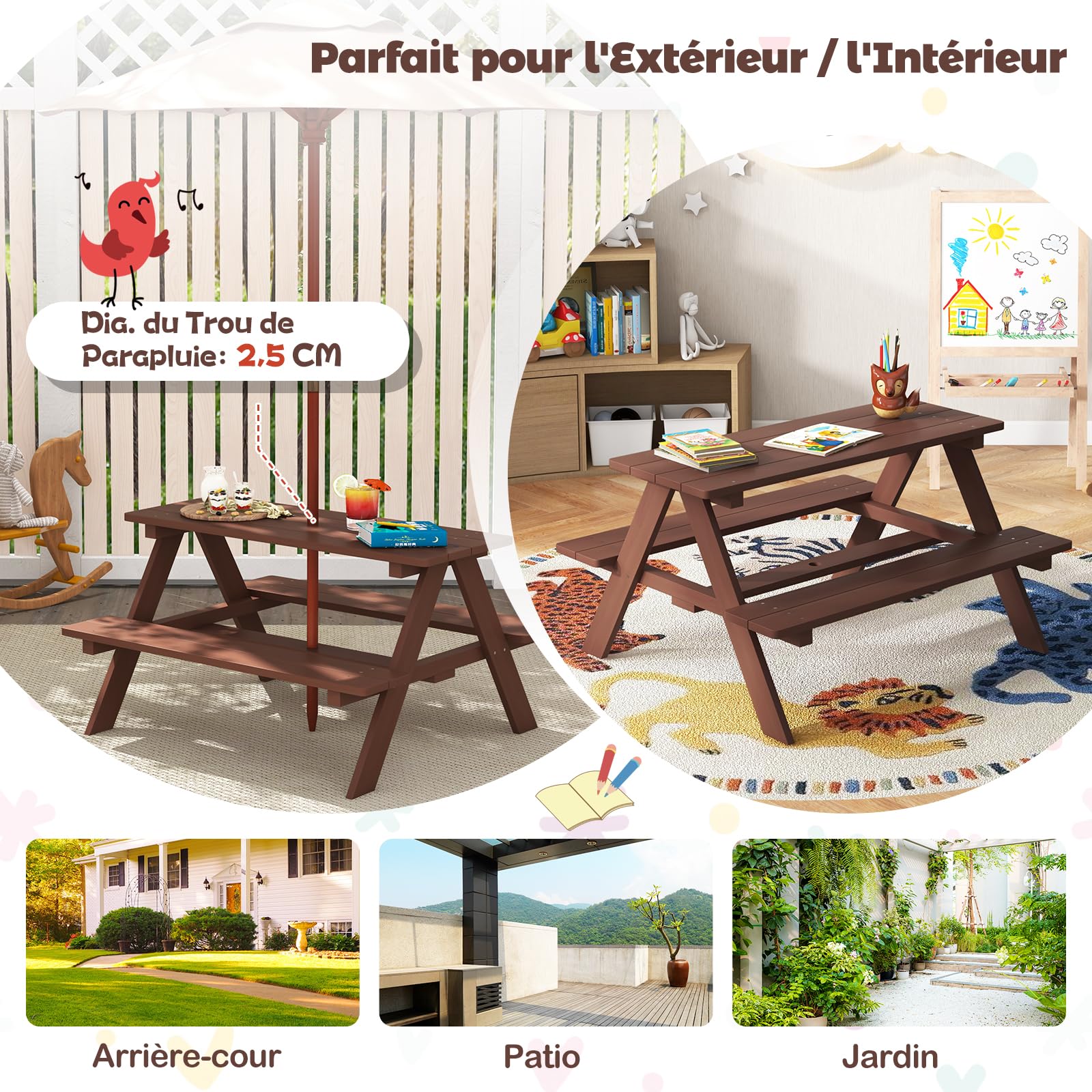 DREAMADE Table de Pique-Nique Enfant en Bois avec Parasol Amovible,Table Exterieur Enfants avec Banc,4 Places,pour Jardin,Terrasse,Patio,Balcon,89x79x50CM