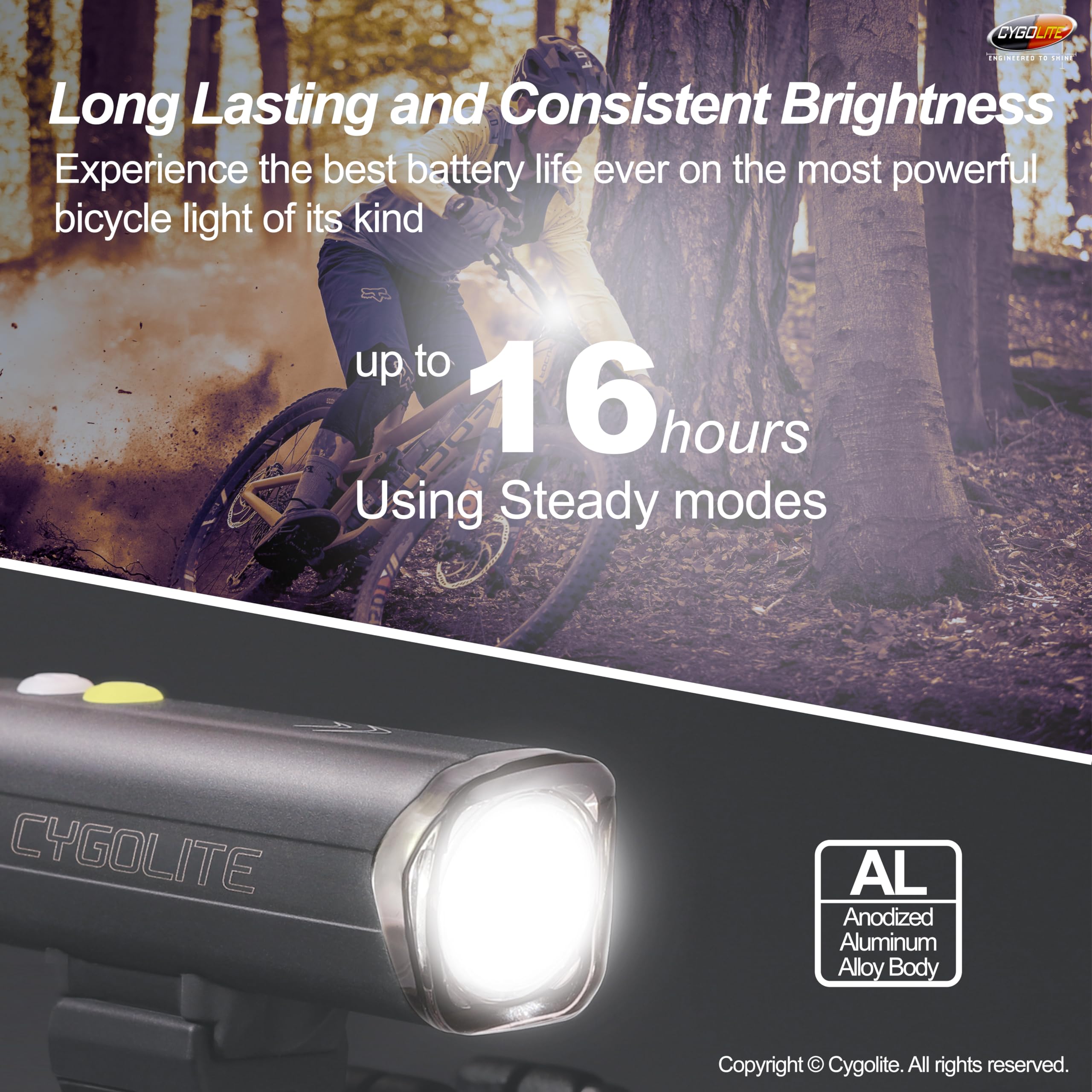 Cygolite Velocity Pro Lampe de vélo 1 600 lumens – Alliage d'aluminium anodisé – 9 modes d'éclairage – Luminosité réglable fine – Compact, étanche IP67 – Support rigide sécurisé – Recharge USB-C –