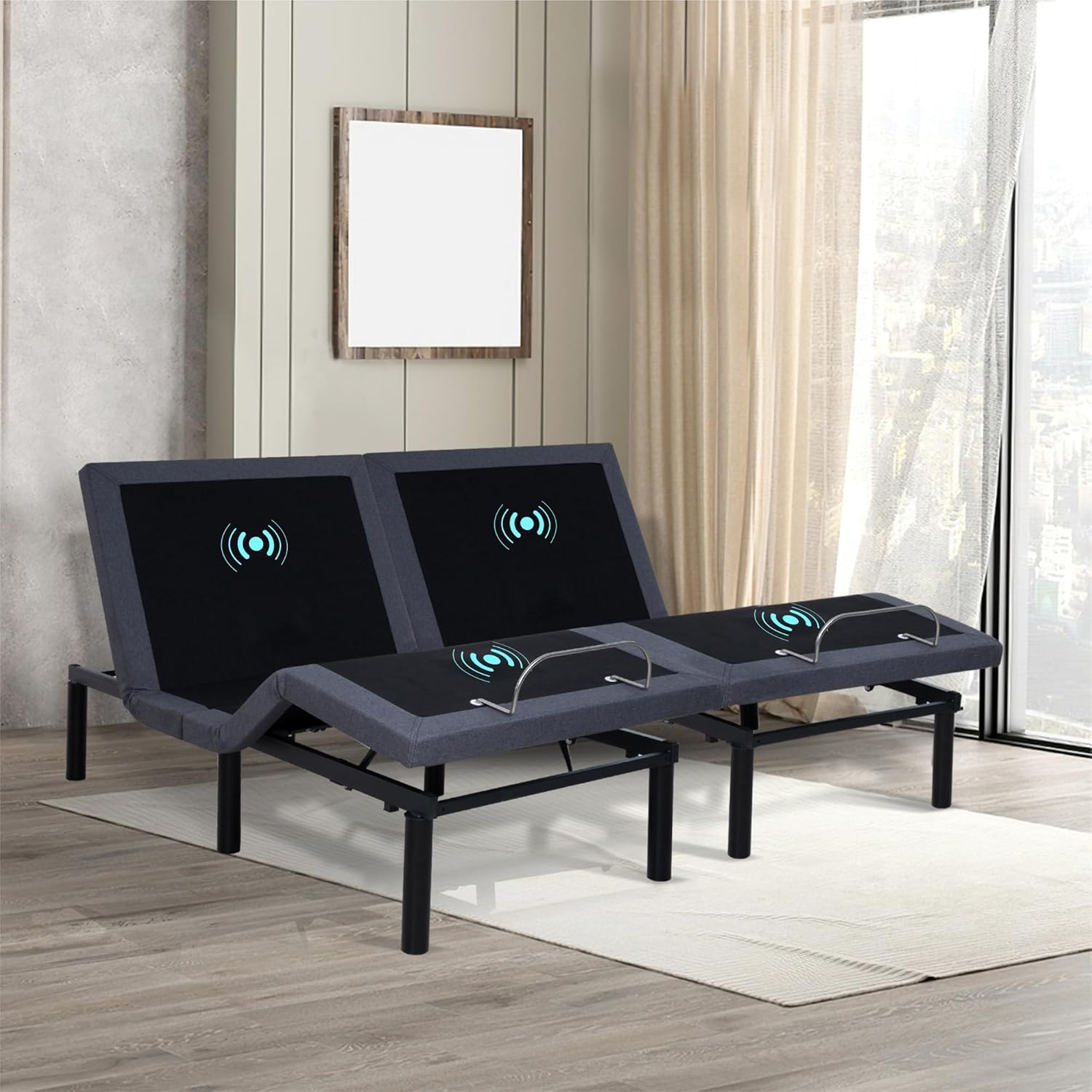 Naomi Home Idealbase Split King Adjustable Bed Frame with Lumbar Support Head Tilt Foot Incline Back Leg Massage USB Ports Massage Bed with Wireless Remote Ergonomic Zero - Gravity Smart