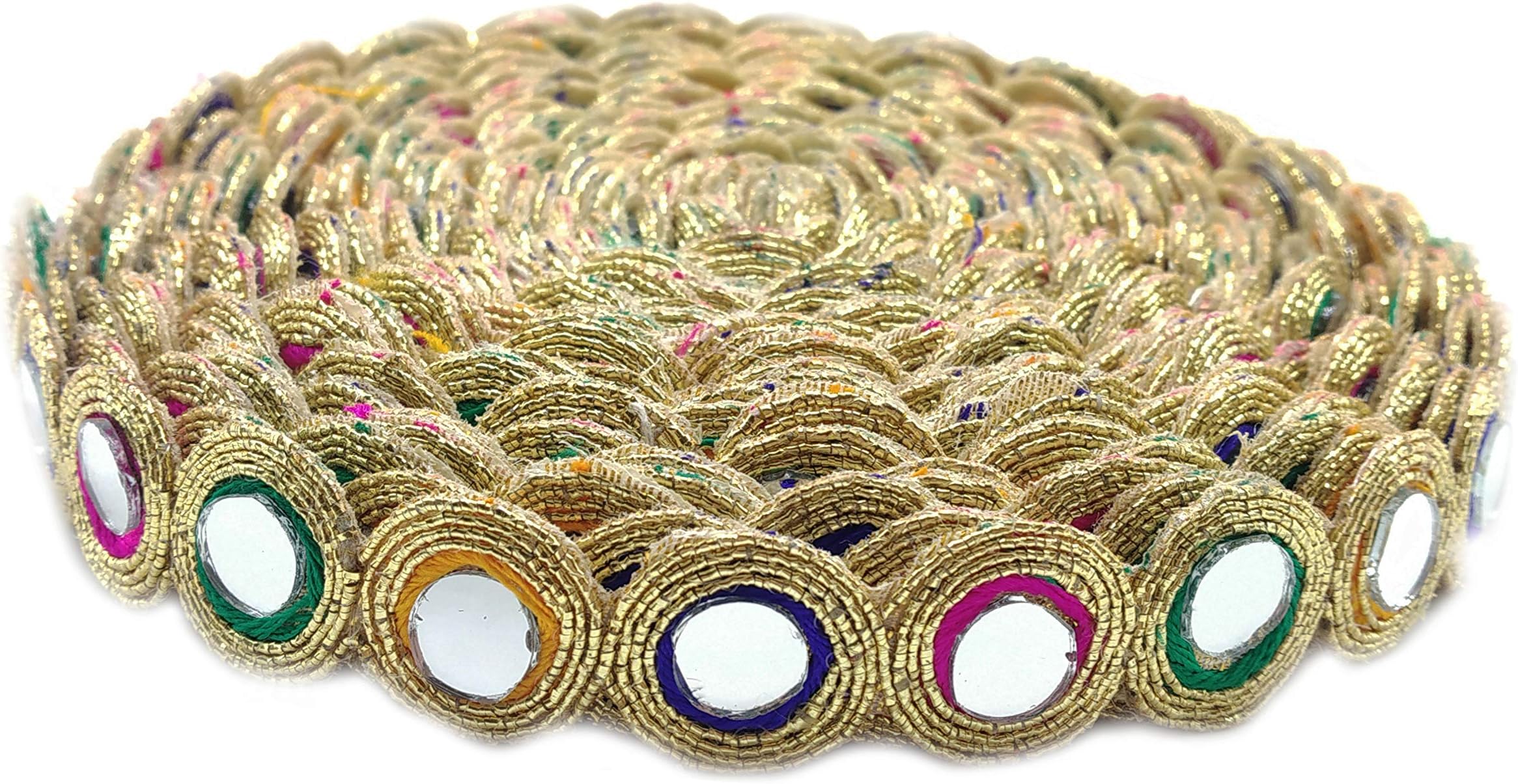 Round Shiny Mirror Lace 9 Mtr / 9.8 Yards Border for Dresses, Sarees, Suits, Blouses, Dupattas, Bags, Art & Craft - Multi
