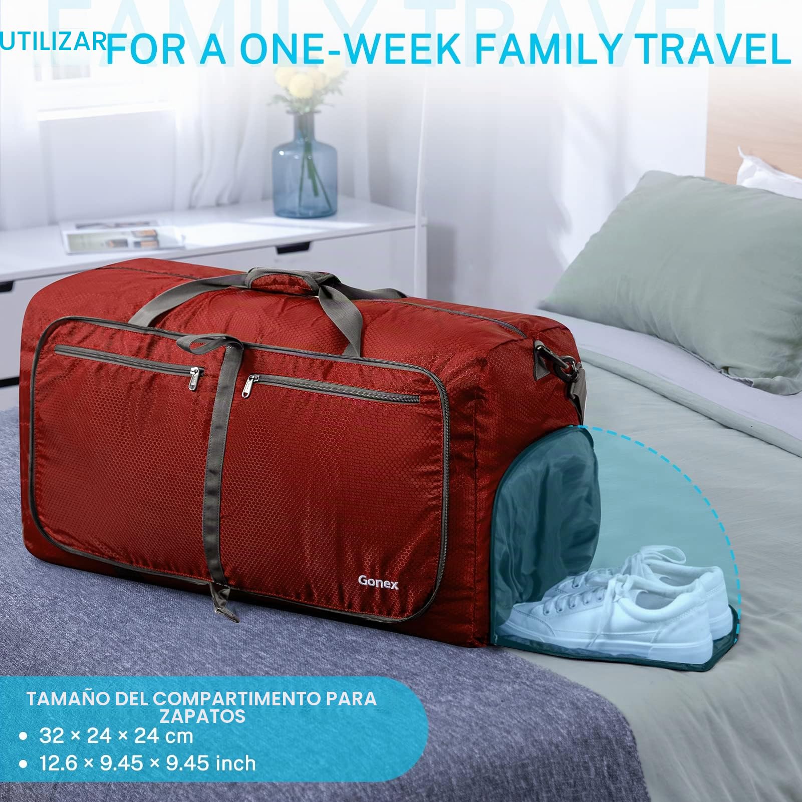 Gonex Bolsas de lona ligeras y plegables para viajes, deportes, gimnasio, vacaciones [Rojo] [150L]