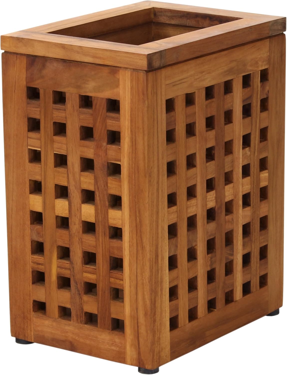 Teak Wood Lattice Waste Basket with Rubber Feet