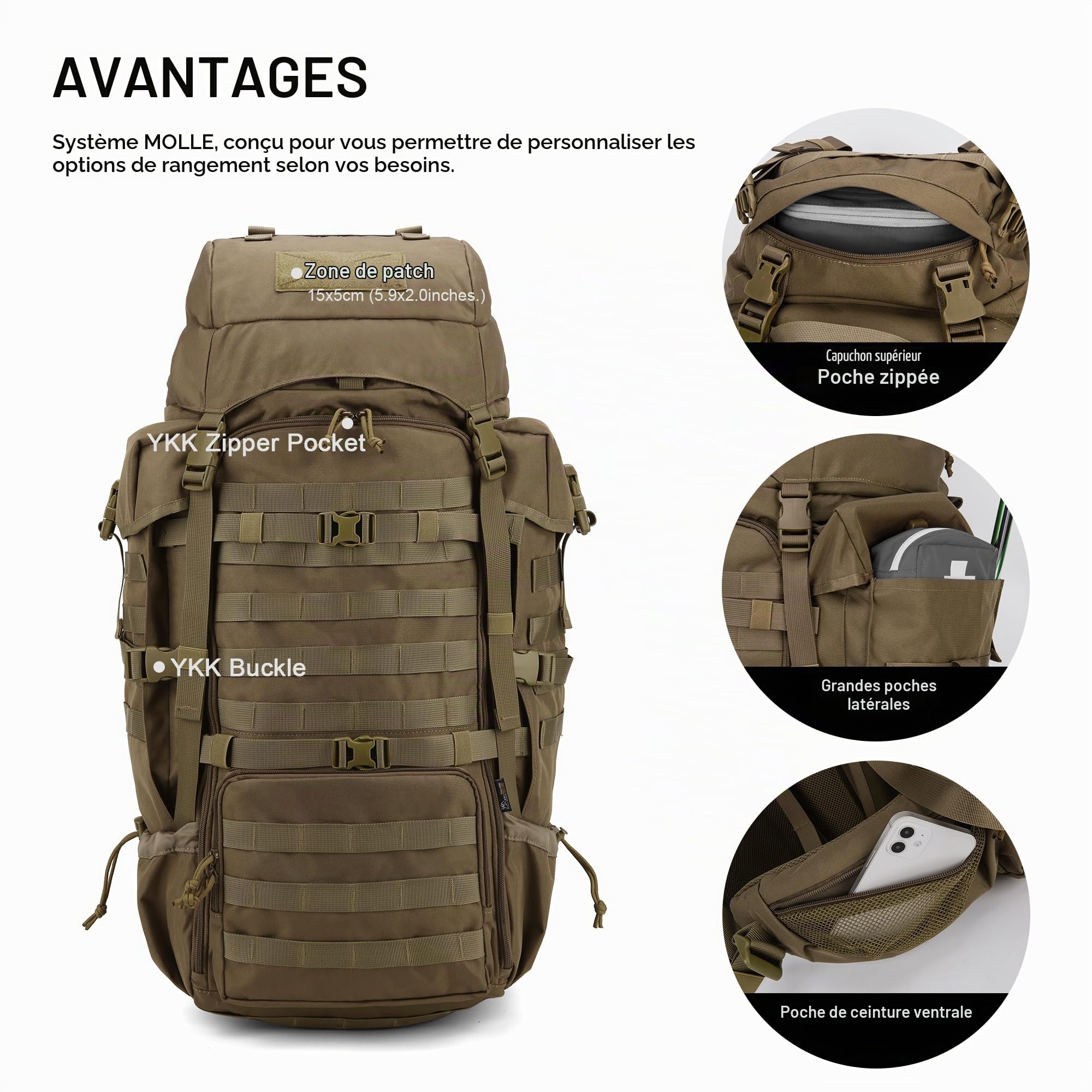 Mardingtop Sac à dos militaire 70L Sac à dos de trekking avec protection contre la pluie Sac à dos de randonnée en plein air Grande capacité Sac à dos pour la randonnée, l'alpinisme et les voyages