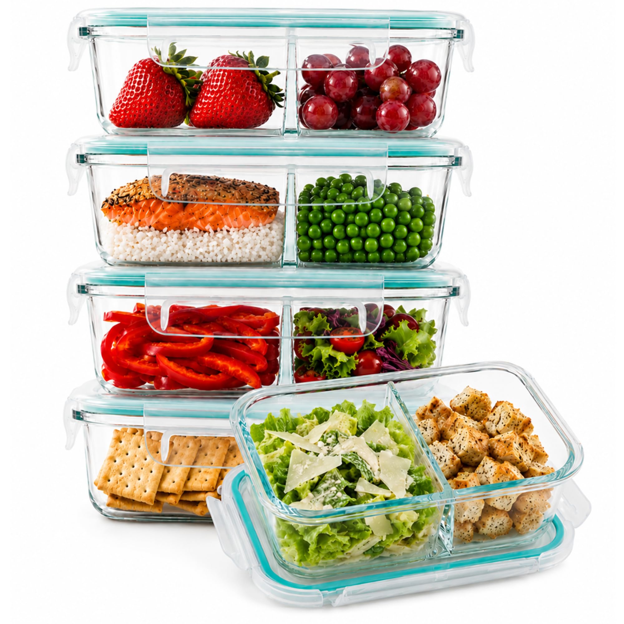 Winter Shore Contenitori Vetro con Coperchio e 2 Scomparti (5 Pezzi) - Bento Box di Qualità Alimentare, Senza BPA, a Prova di Perdite - Set Contenitori Vetro per Microonde, Freezer, Lavastoviglie